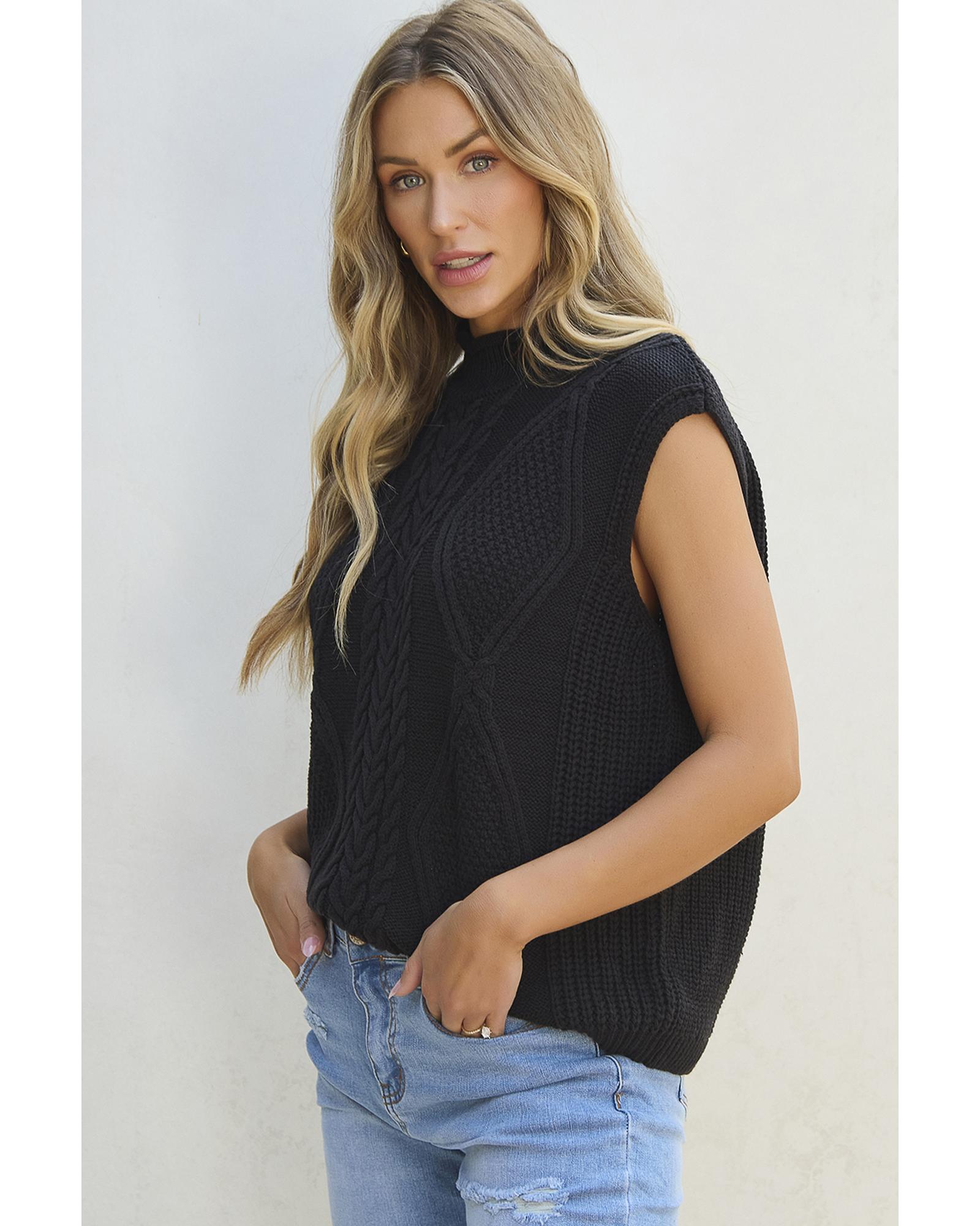 V539-AZEXDC276244-P2-XL-202508282025-00 Black Solid Color Cable Knit High Neck Sweater Vest - XL - Image 1