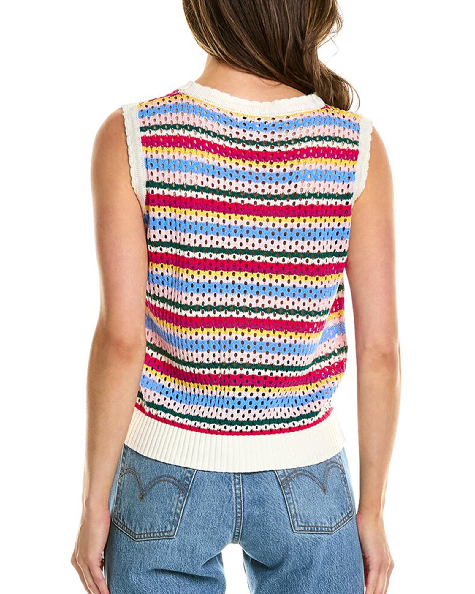 V539-AZEXDC276257-P122-XL-202508291255-00 White Colorful Stripe Scalloped Trim Sweater Vest - XL - Image 1