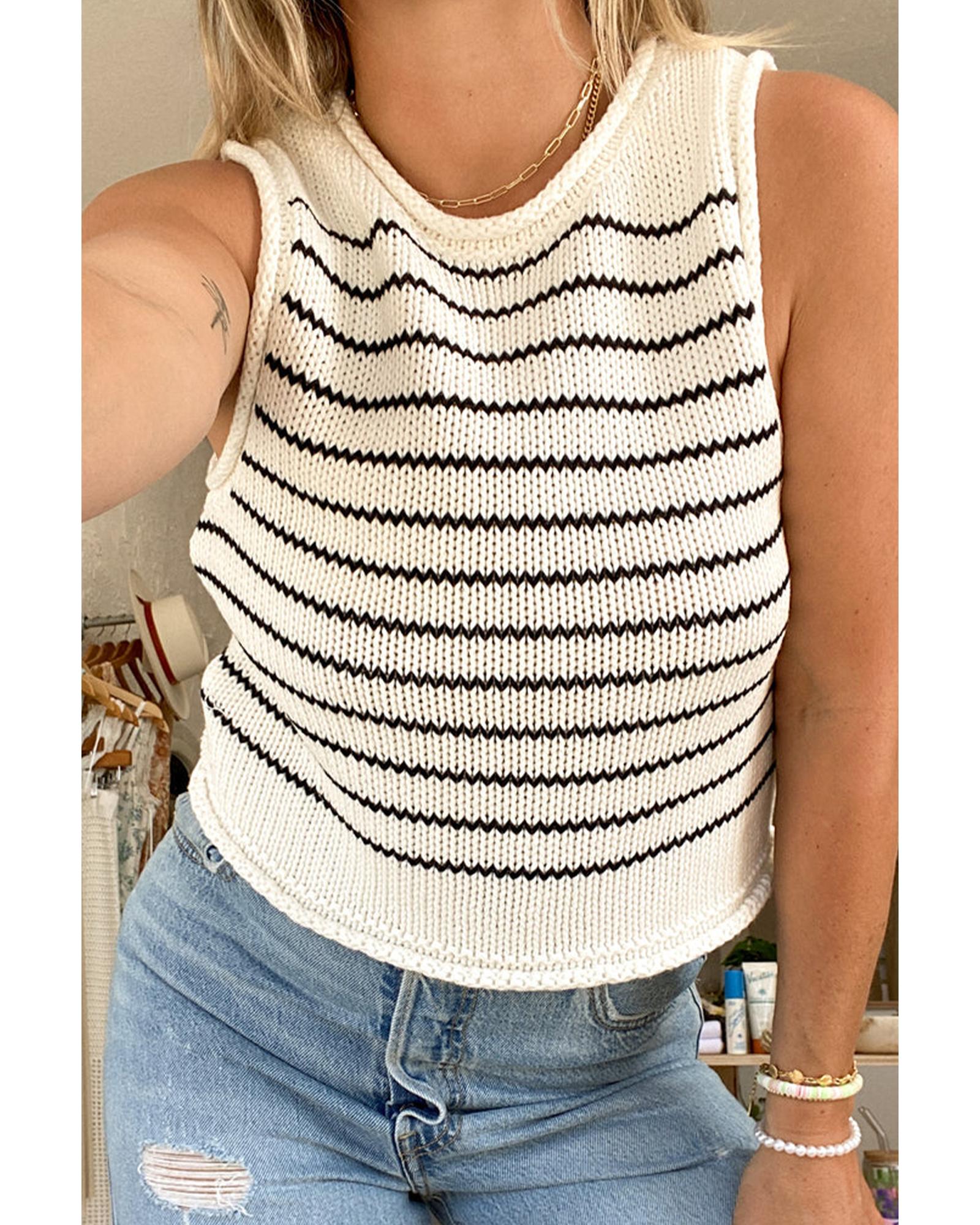 V539-AZEXDC276261-P219-M-202508292135-00 Black Stripe Raw Edge Crew Neck Knitted Vest - M - Image 1