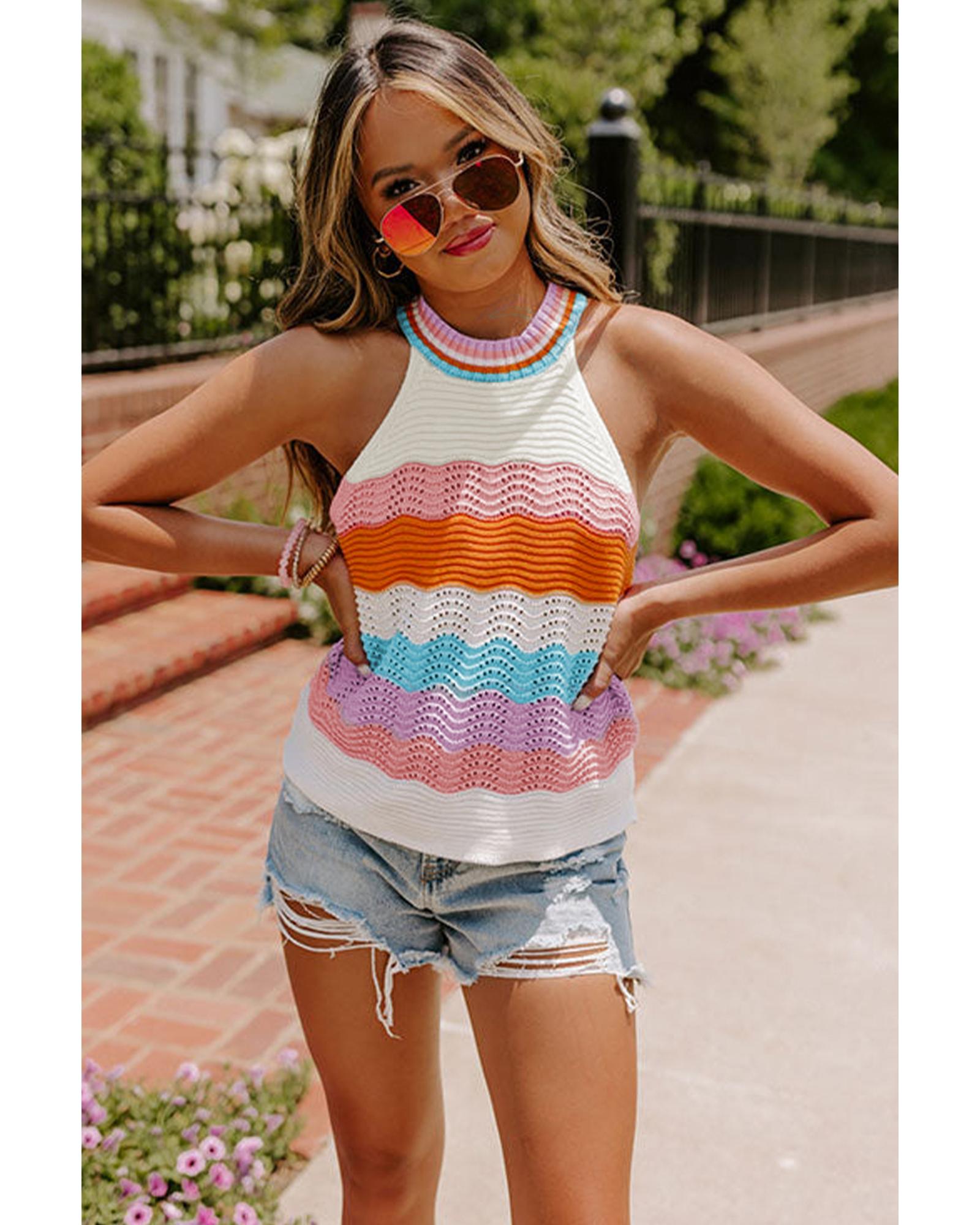 V539-AZEXDC276392-P22-L-202508300320-00 Multicolour Wavy Striped Print Textured Knit Sleeveless Sweater Top - L - Image 1