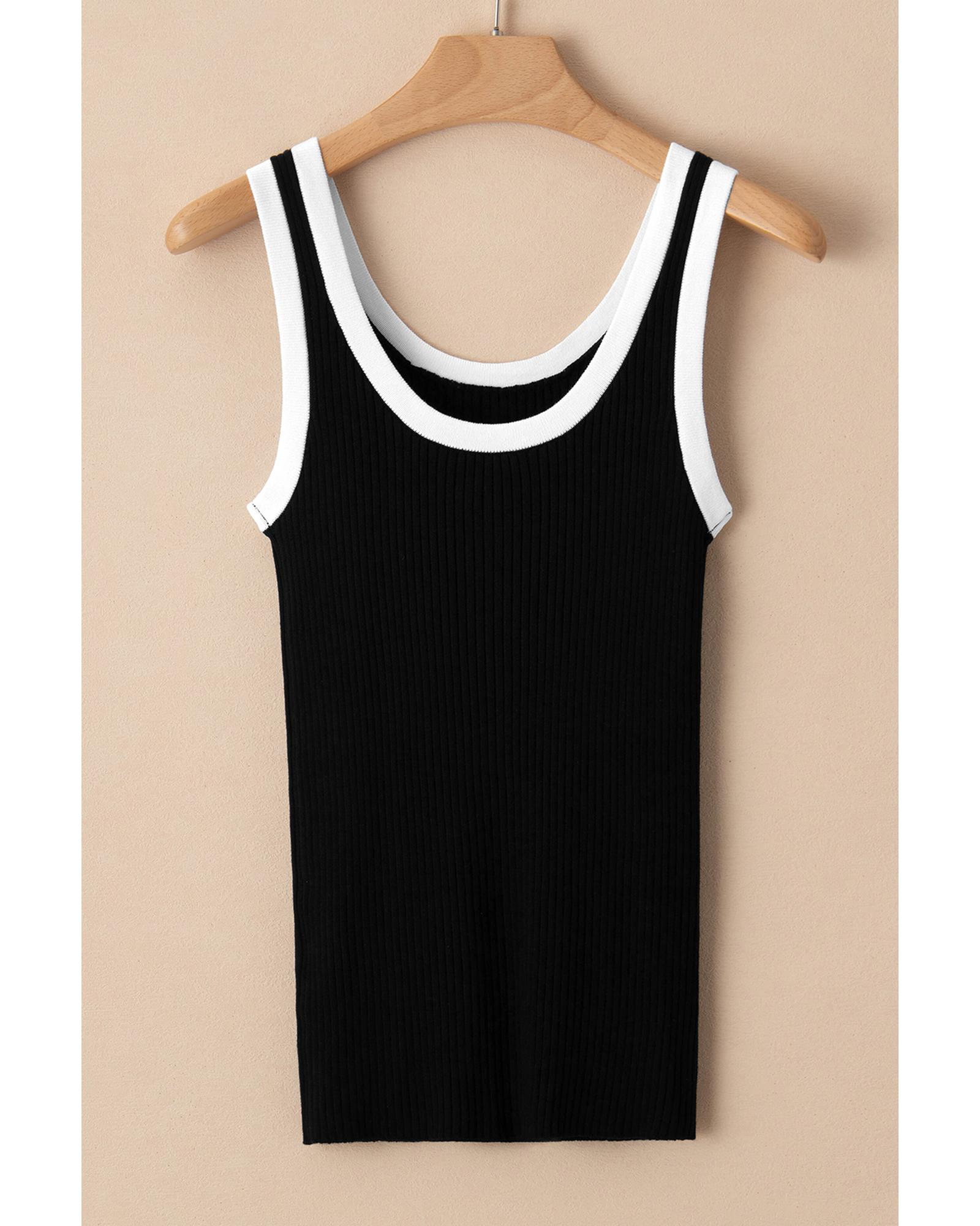V539-AZEXDC276456-P2-L-202506140426-00 Black Colorblock Edge Ribbed Knit U Neck Tank Top - L - Image 1