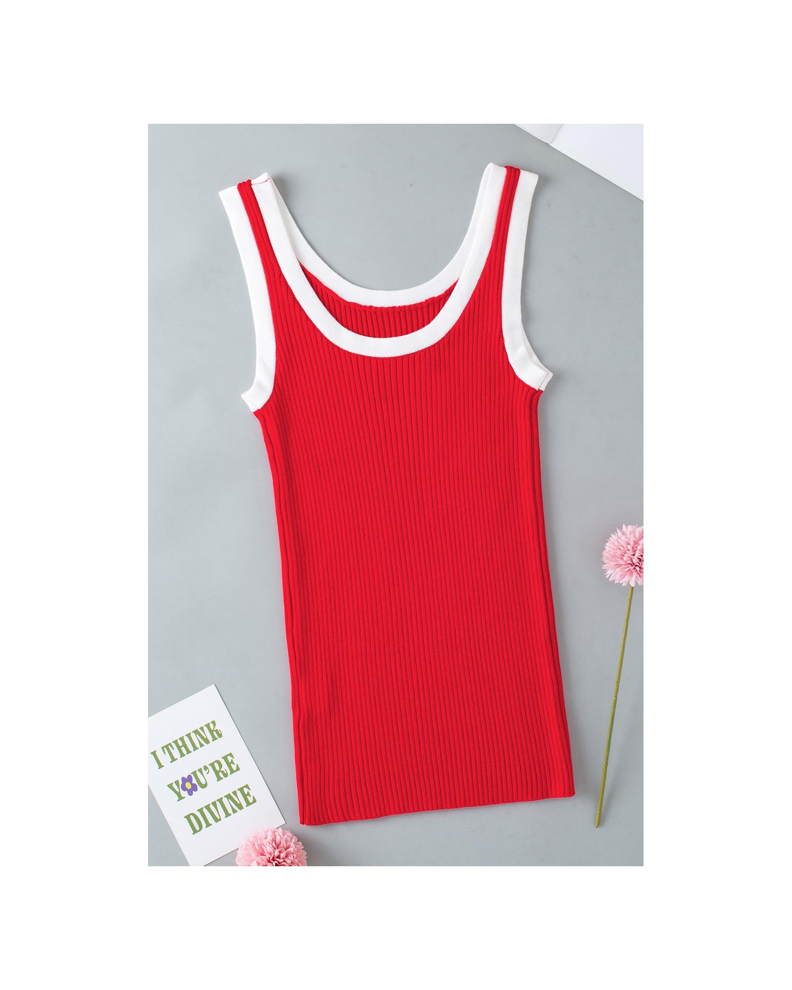 V539-AZEXDC276456-P3-L-202508281445-00 Fiery Red Colorblock Edge Ribbed Knit U Neck Tank Top - L - Image 1