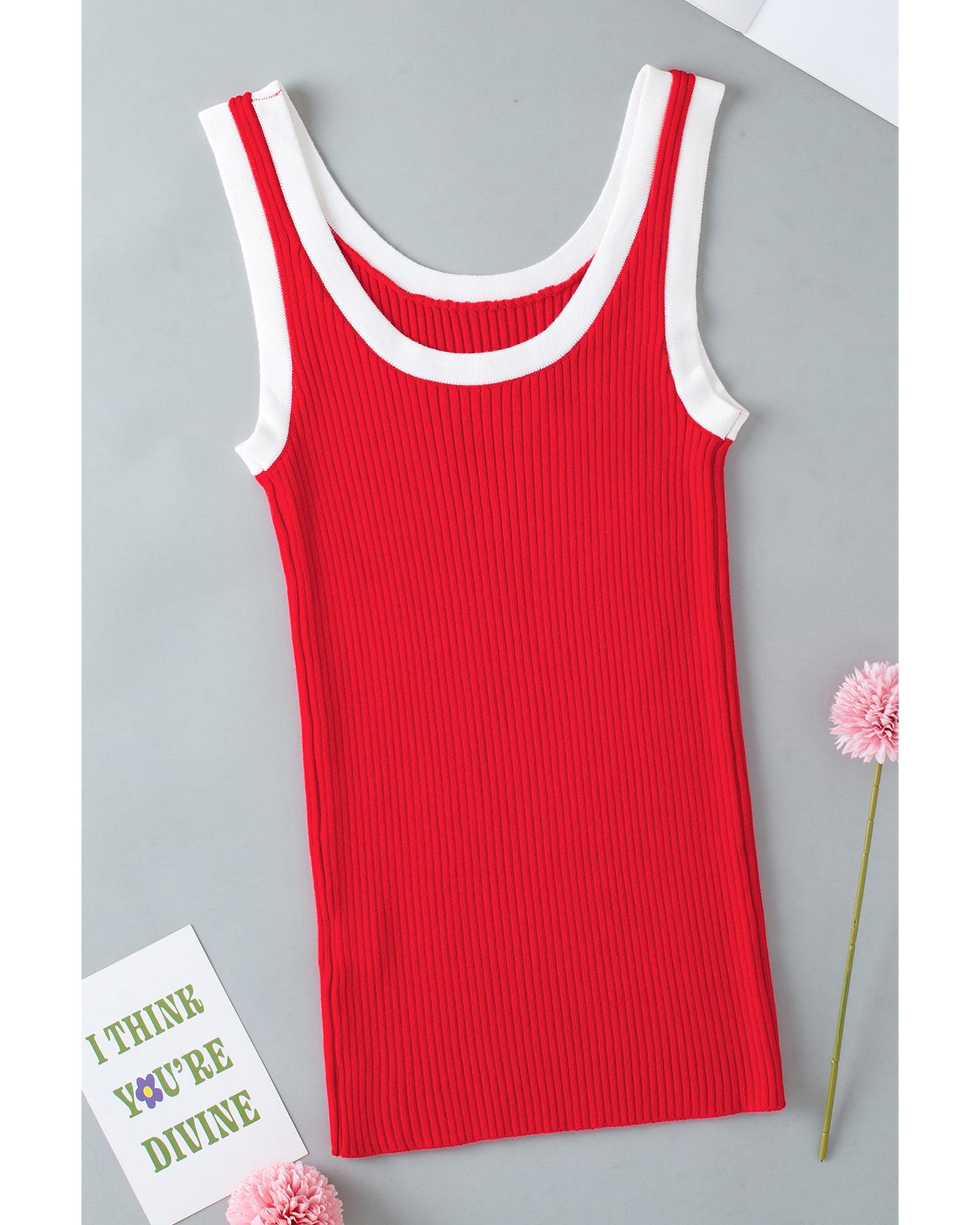 V539-AZEXDC276456-P3-XL-202508281825-00 Fiery Red Colorblock Edge Ribbed Knit U Neck Tank Top - XL - Image 1