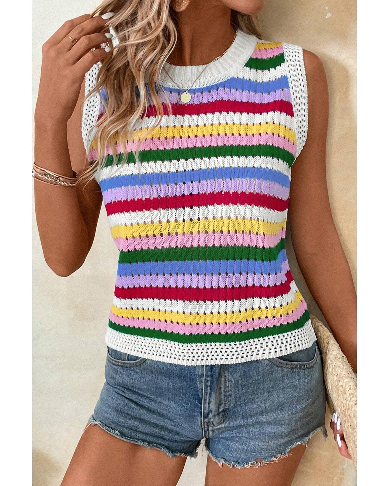 V539-AZEXDC276479-P22-XL-202508290130-00 Multicolour Striped Knitted Eyelet Slim Sweater Vest - XL - Image 1