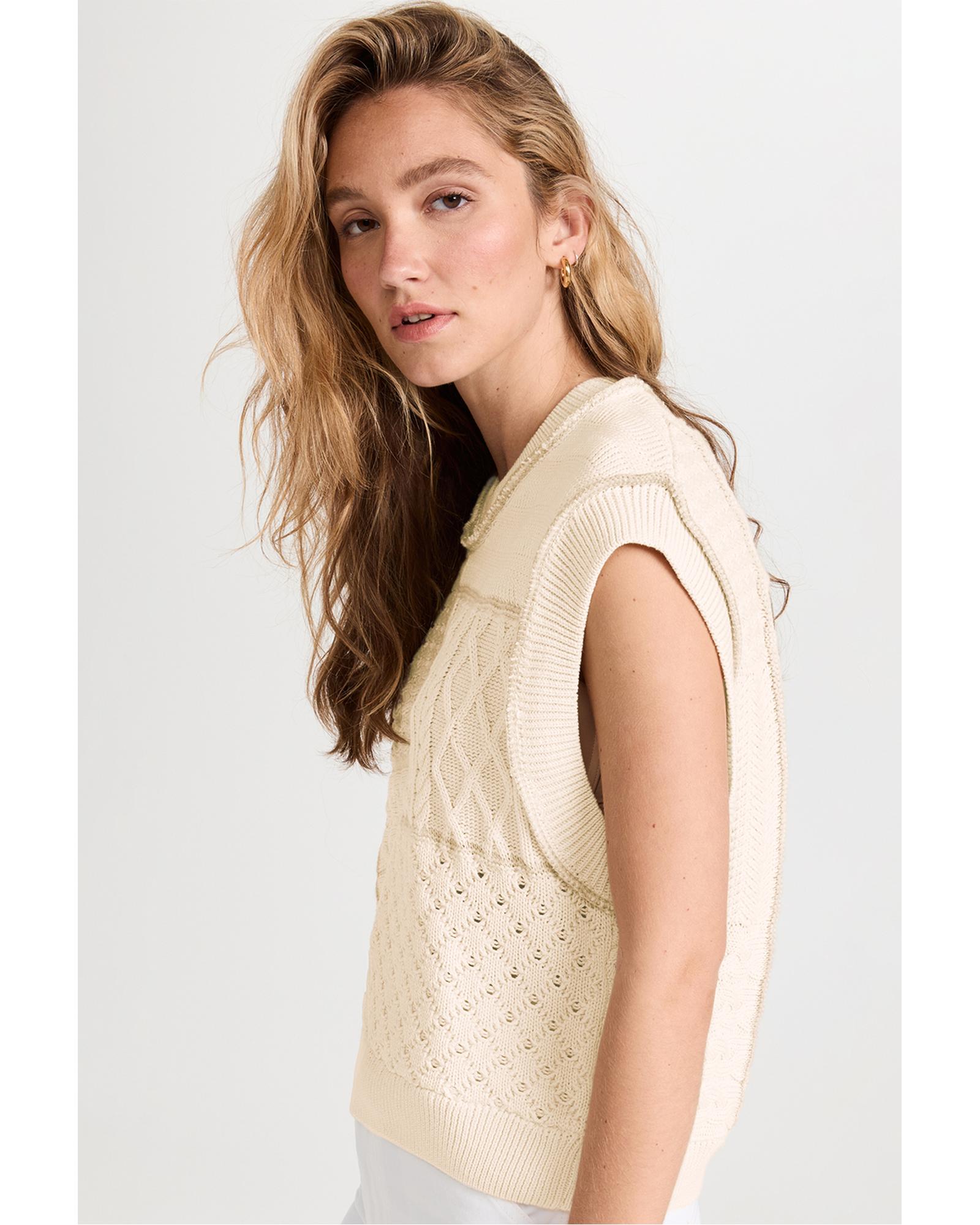 V539-AZEXDC276485-P15-S-202506140505-00 Beige Cable Knit Dolman Armholes Sweater Tank - S - Image 1