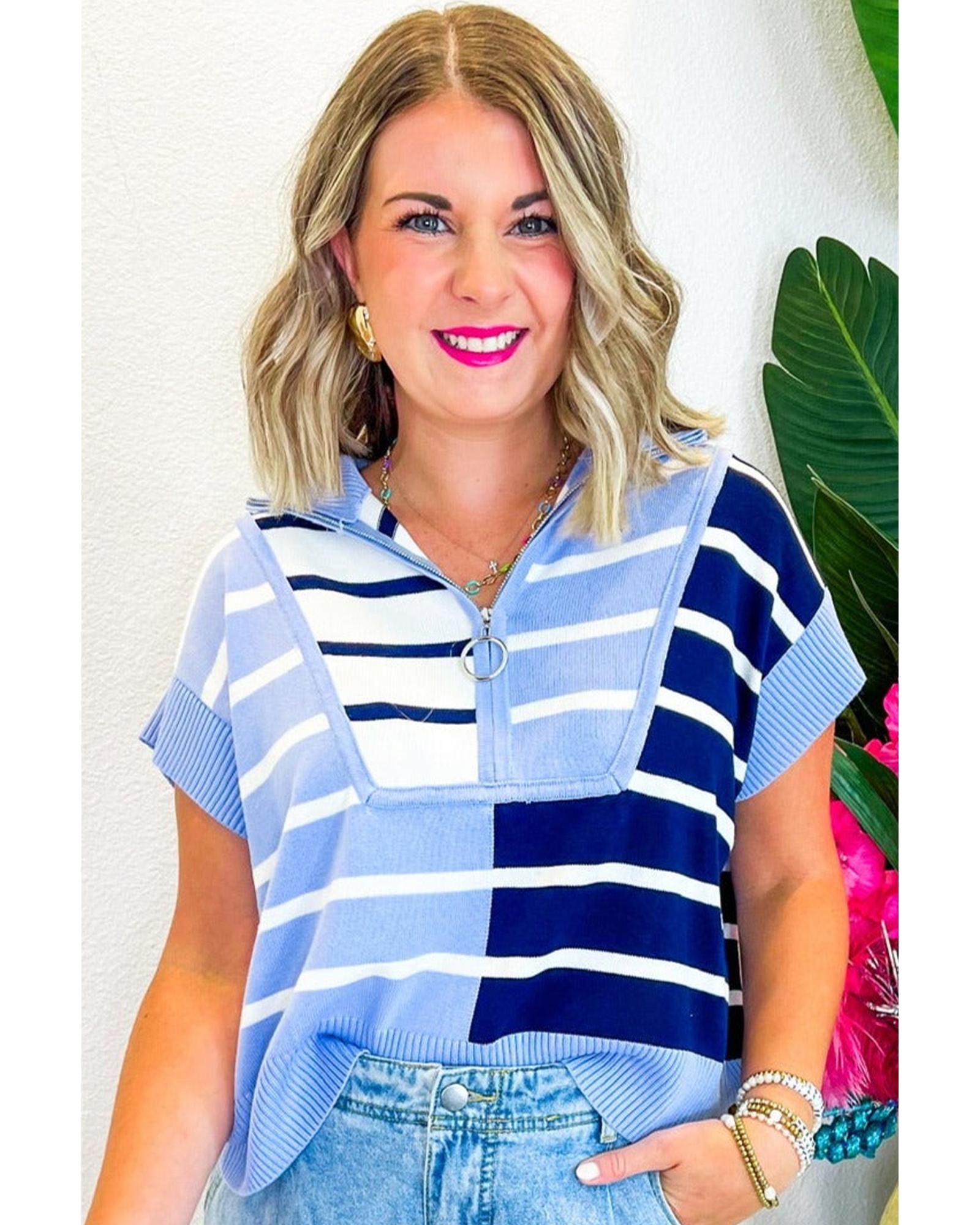 V539-AZEXDC276558-P419-M-202508280745-00 Sky Blue Stripe Colorblock Quarter Zip Collar Sweater Vest - M - Image 1