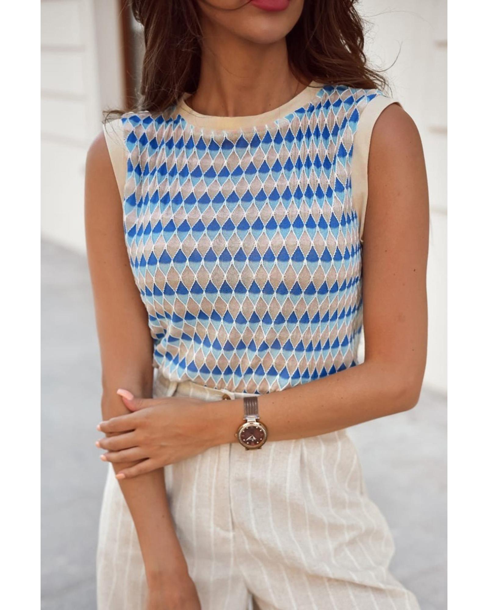 V539-AZEXDC276589-P419-XL-202508282355-00 Sky Blue Stripe Geometric Print Round Neck Slim Fit Sweater Vest - XL - Image 1
