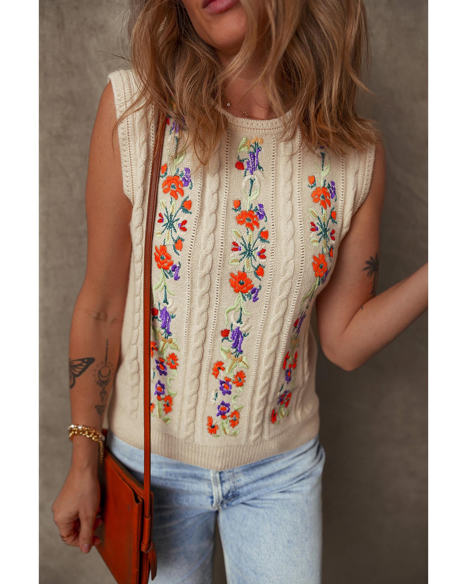 V539-AZEXDC276590-P2015-L-202508290020-00 Jet Stream Embroidered Floral Cable Knit Sweater Vest - L - Image 1
