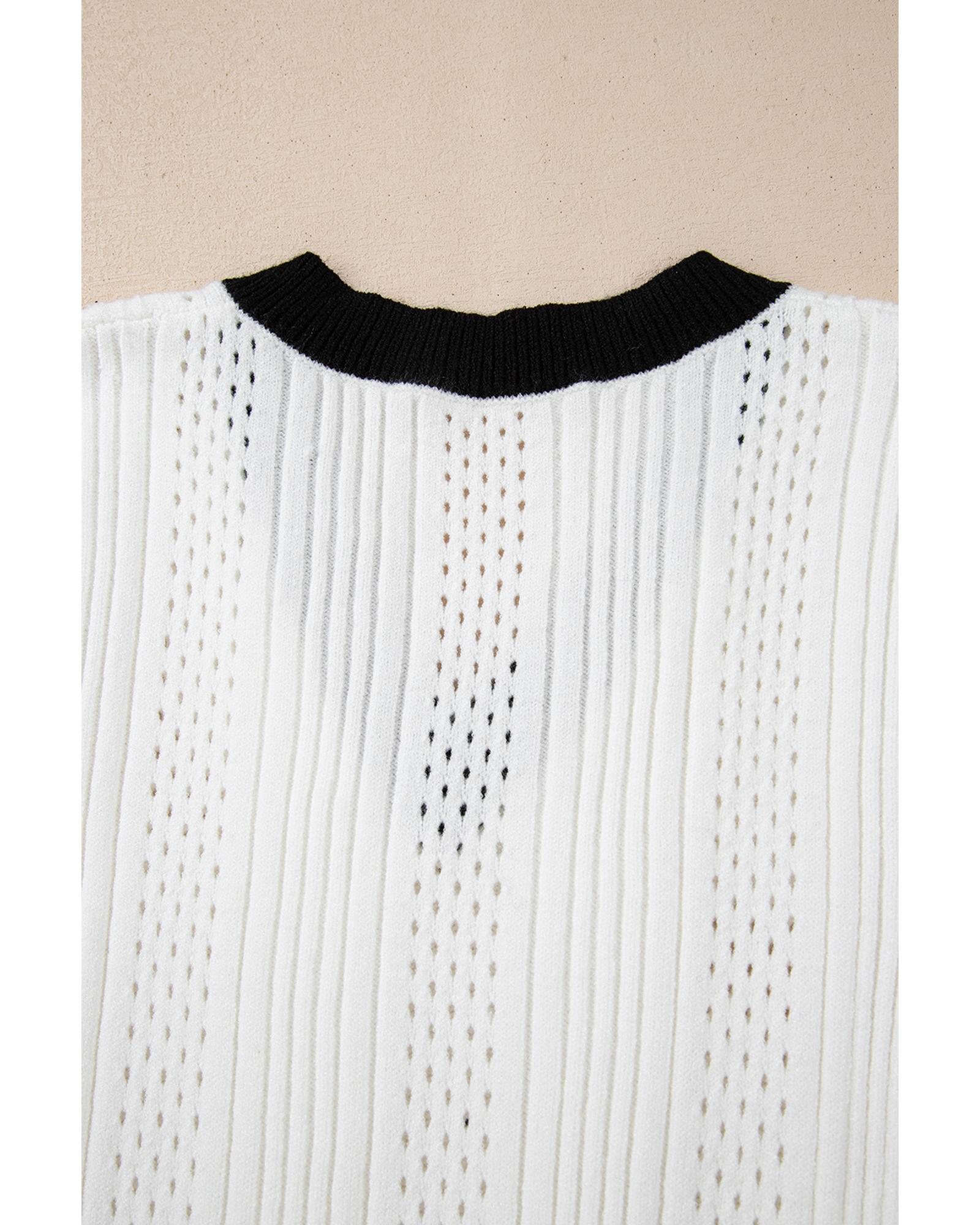 V539-AZEXDC276608-P1-L-202508291725-00 White Contrast Trim Eyelet Knit Colorblock V Neck Sweater Vest - L - Image 1