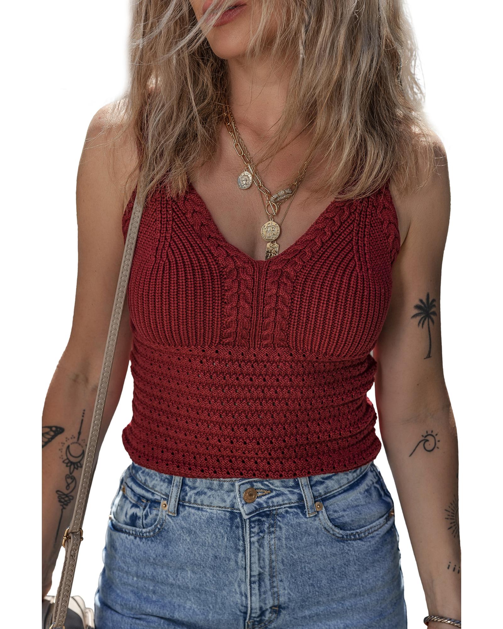 V539-AZEXDC276617-P503-M-202508280400-00 Burgundy Cable Knit Pointelle Slim Fit V Neck Sweater Vest - M - Image 1