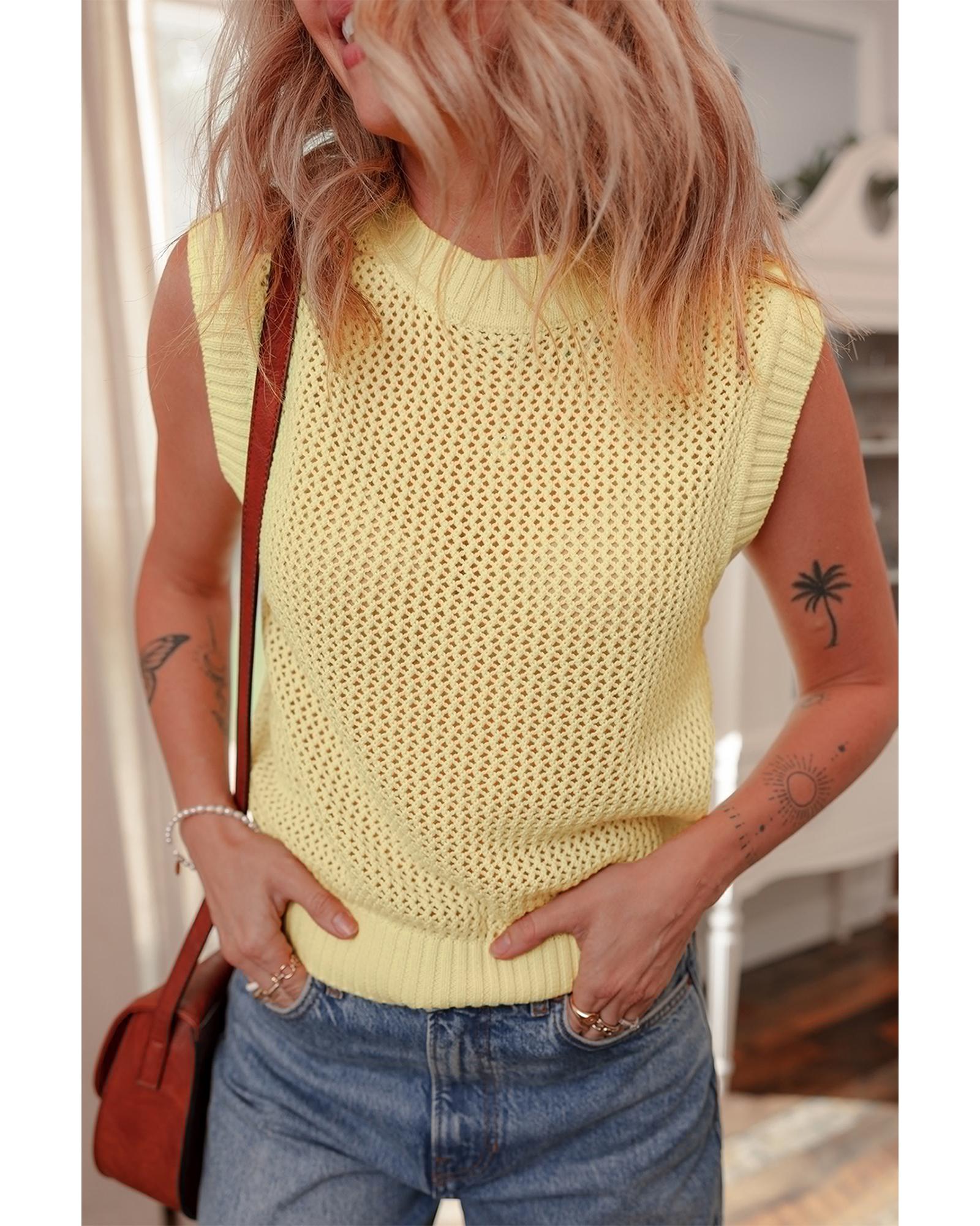 V539-AZEXDC276729-P7-M-202508280645-00 Yellow Solid Color Hollowed Knit Round Neck Sweater Vest - M - Image 1