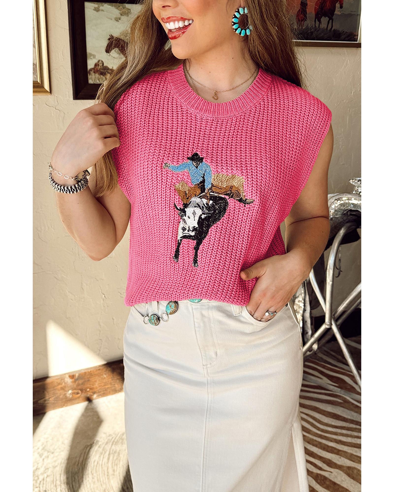 V539-AZEXDC276760-P106-M-202508281845-00 Bright Pink Western Cowboy Embroidery Round Neck Sleeveless Sweater - M - Image 1