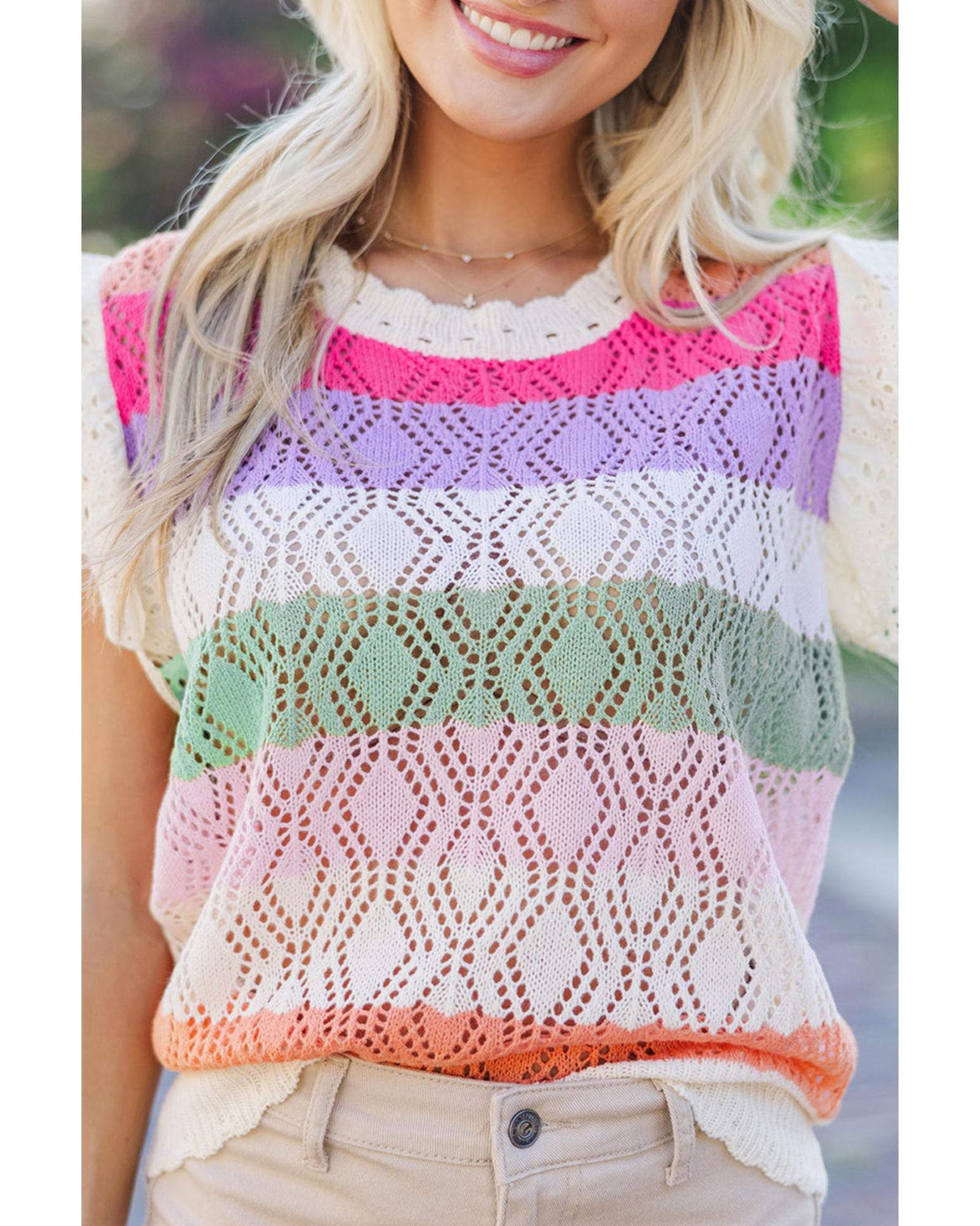 V539-AZEXDC276764-P619-M-202508292110-00 Rose Stripe Colorblock Hollowed Knit Scallop Edge Sweater Vest - M - Image 1