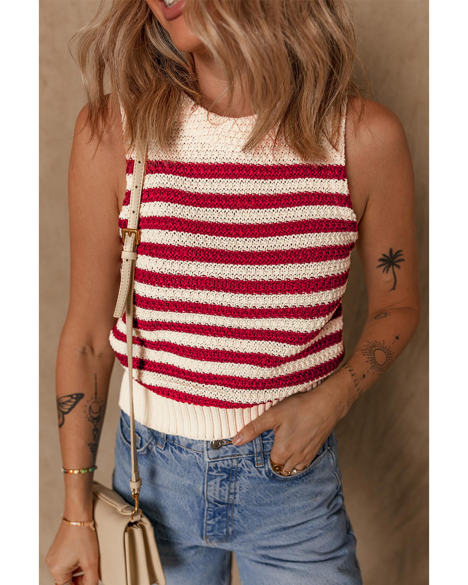 V539-AZEXDC276782-P319-S-202508280435-00 Red Stripe Textured Knit Ribbed Hem Sweater Tank Top - S - Image 1
