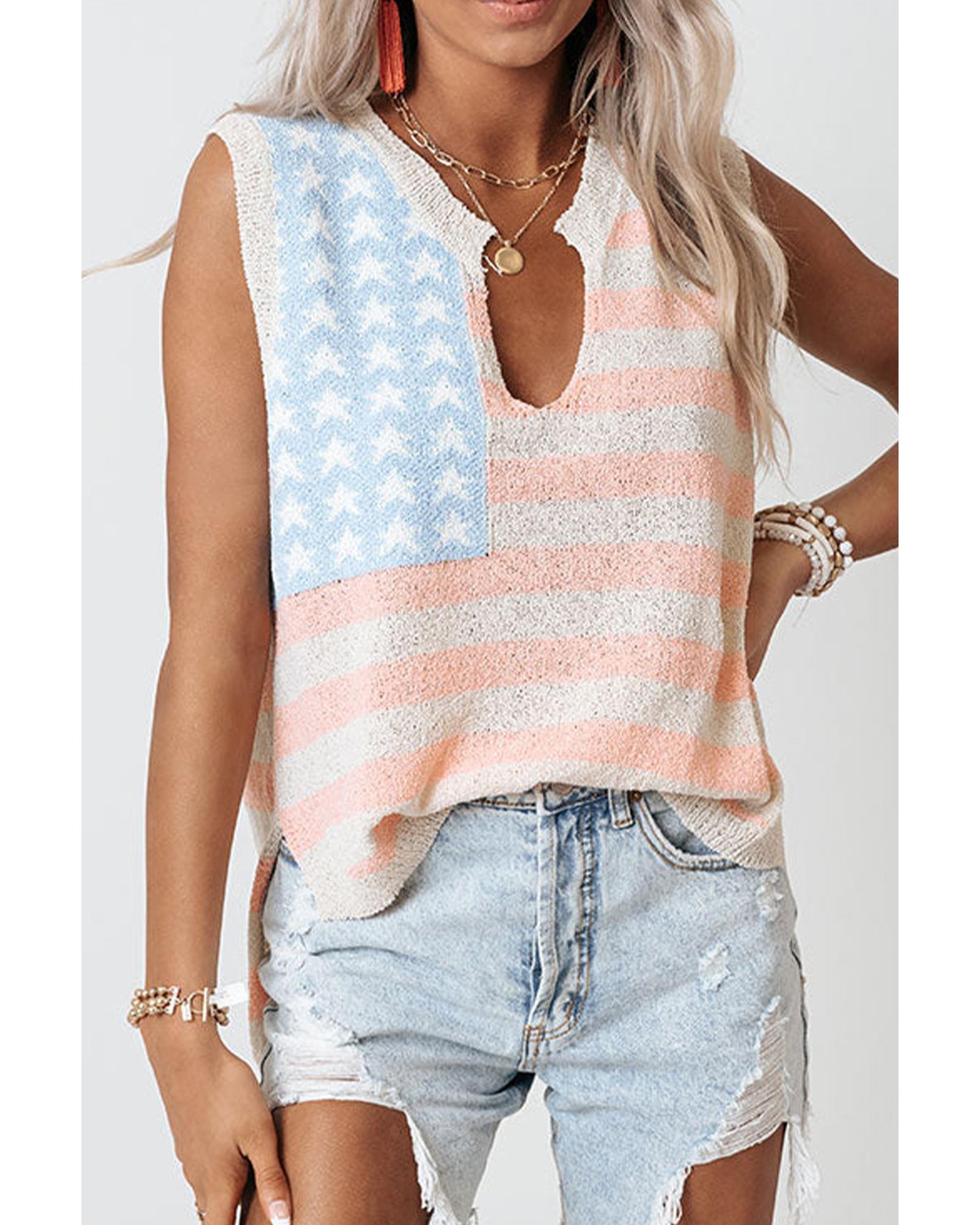 V539-AZEXDC276792-P1520-XL-202508281310-00 Beige USA Flag Notched Neckline Loose Sweater Vest - XL - Image 1