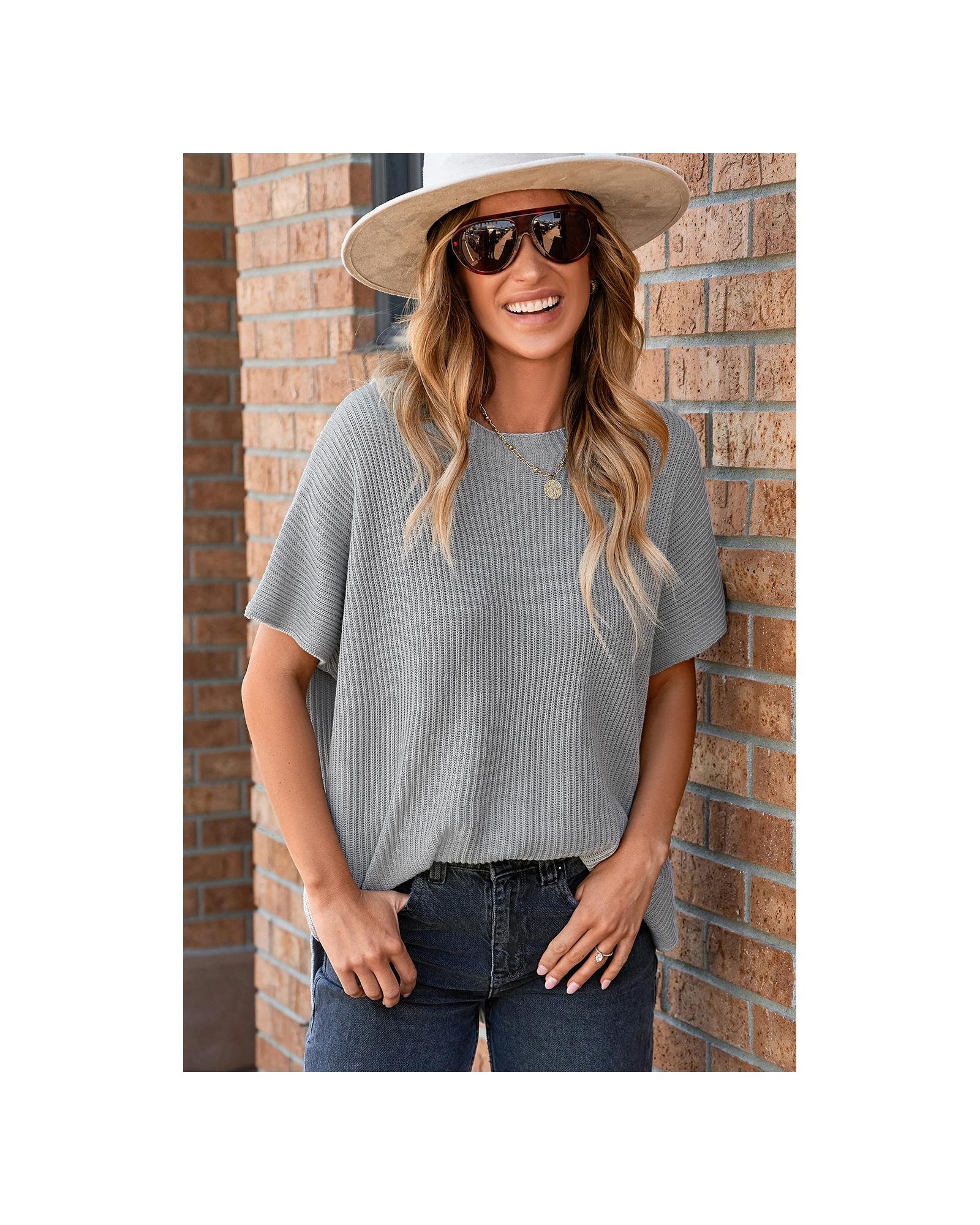 V539-AZEXDC277051-P11-S-202508281150-00 Gray Short Sleeve Side Slit Oversized Sweater - S - Image 1