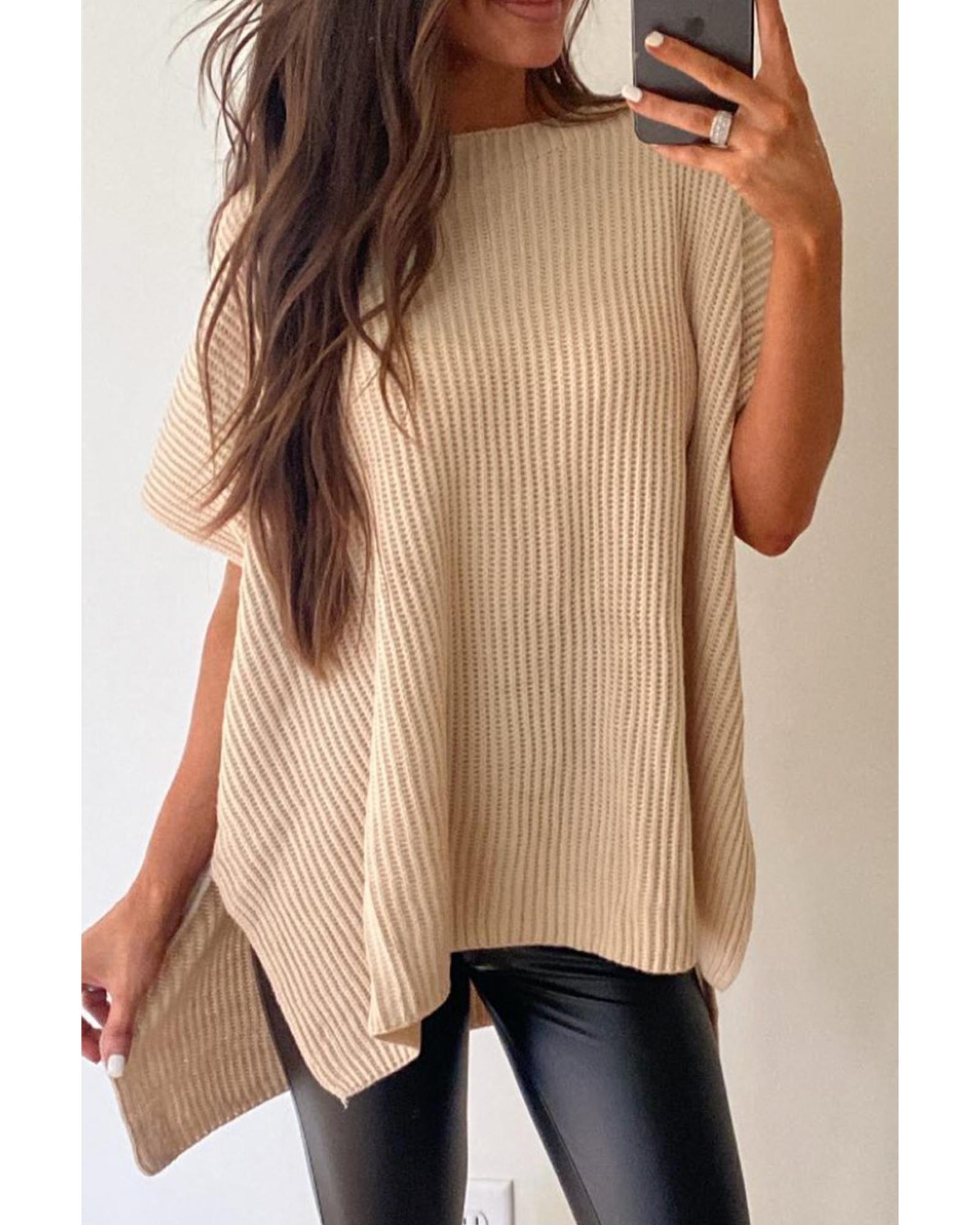 V539-AZEXDC277051-P18-S-202508281825-00 Apricot Short Sleeve Side Slit Oversized Sweater - S - Image 1