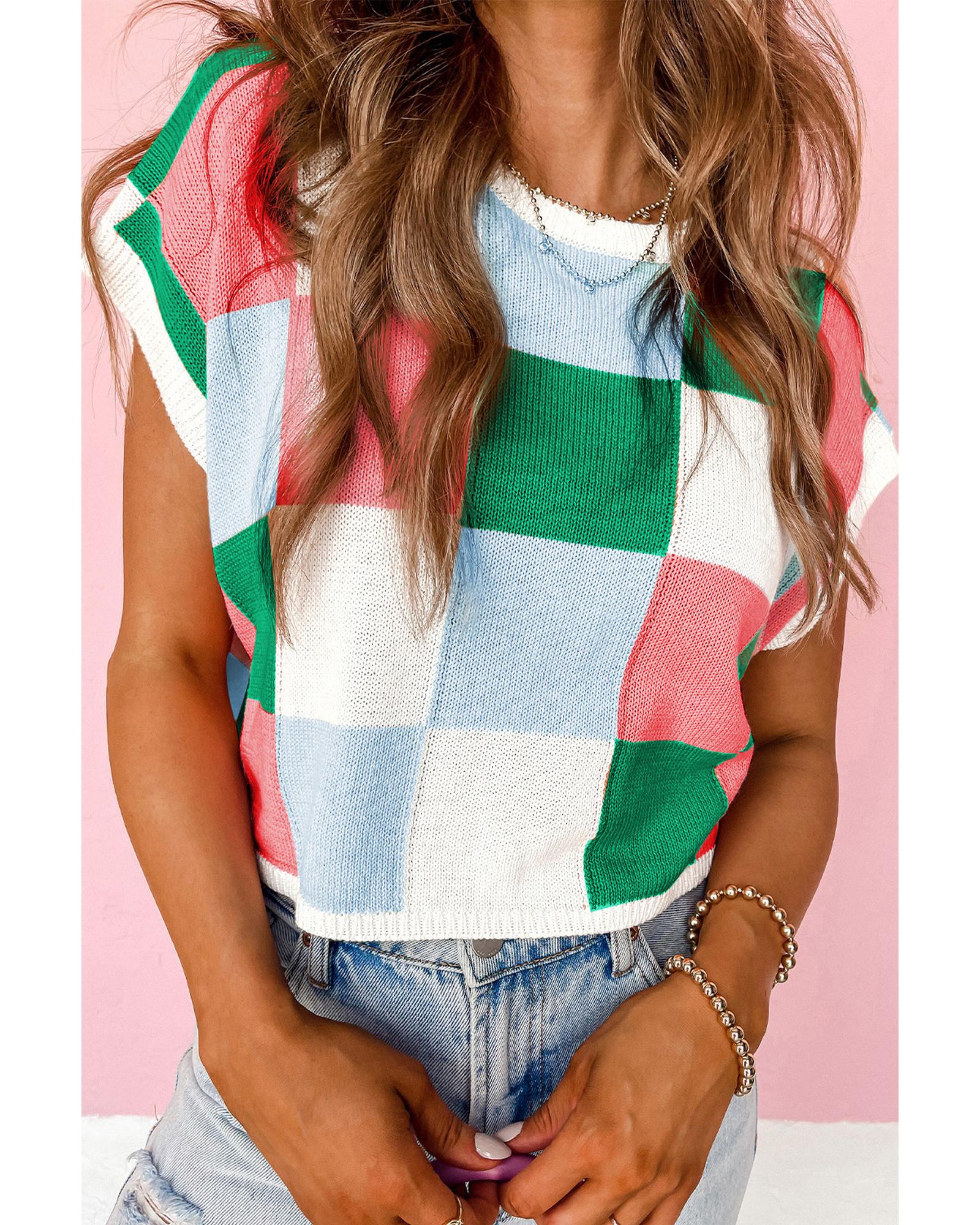 V539-AZEXDC277059-P209-2XL-202508282205-00 Dark Green Color Block Cap Sleeve Sweater - 2XL - Image 1