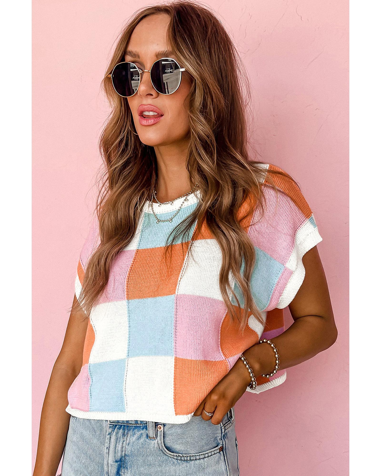 V539-AZEXDC277059-P3014-XL-202506140325-00 Grapefruit Orange Color Block Cap Sleeve Sweater - XL - Image 1