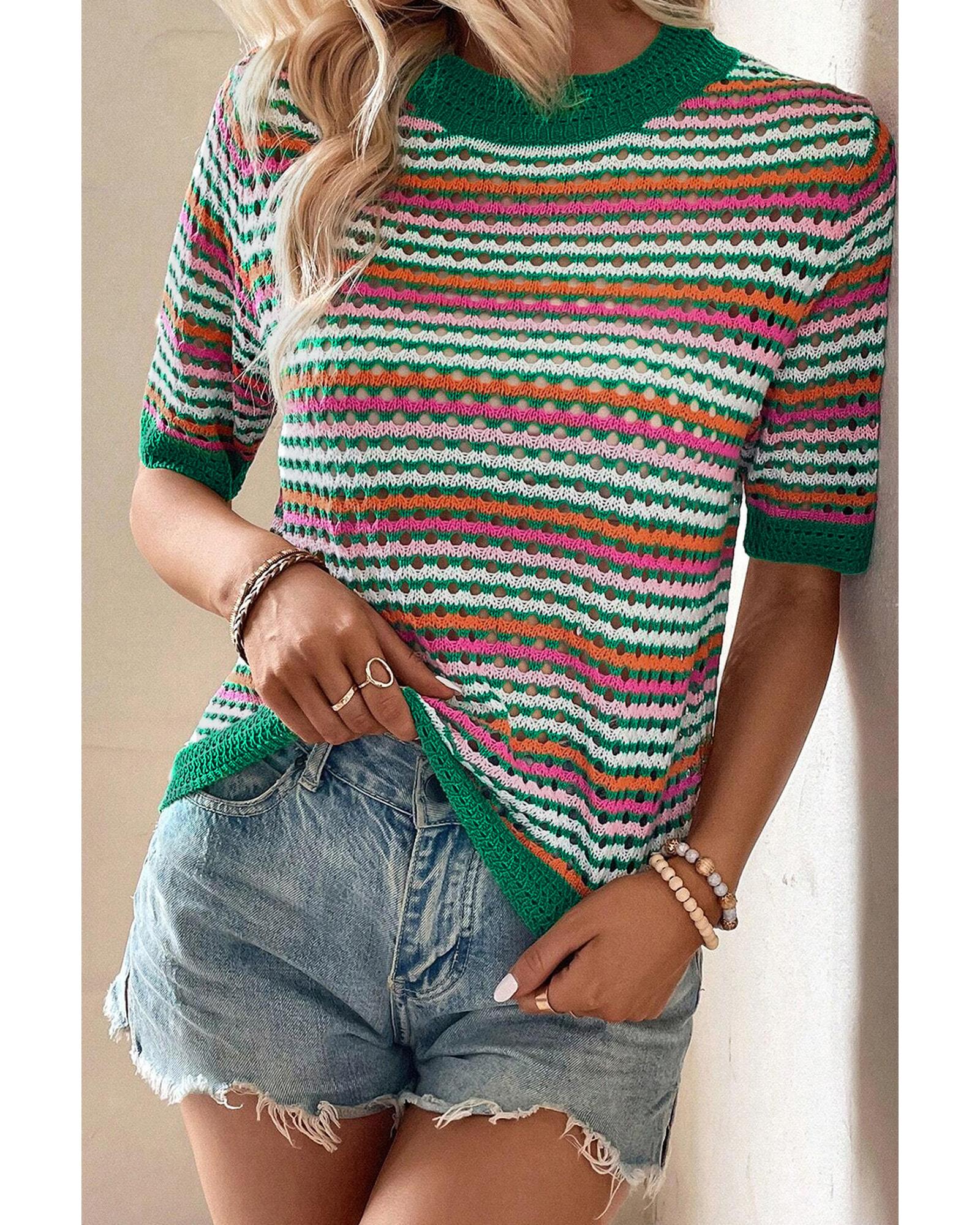 V539-AZEXDC277075-P209-XL-202508291830-00 Dark Green Striped Pattern Contrast Trim Pointelle Knit T Shirt - XL - Image 1