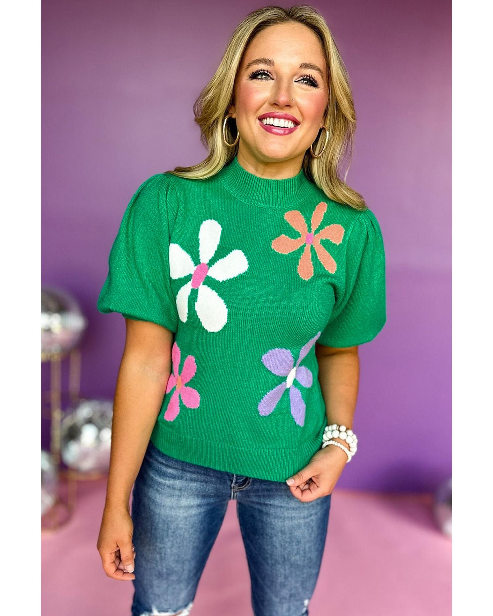 V539-AZEXDC277118-P109-XL-202508290255-00 Bright Green Floral Bubble Short Sleeve Sweater - XL - Image 1