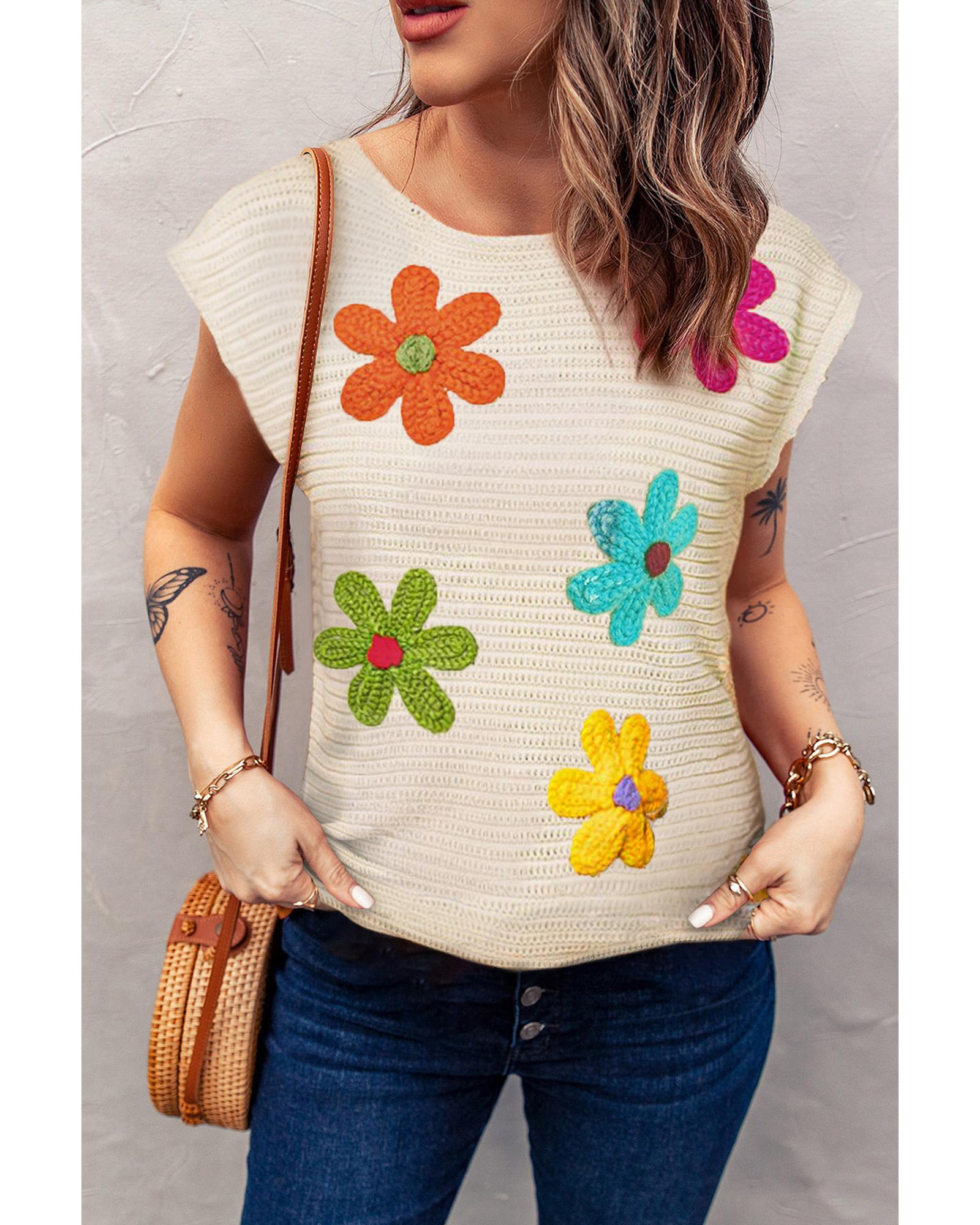 V539-AZEXDC277168-P1-L-202508280605-00 White Flower Crochet Round Neck Knitted Top - L - Image 1