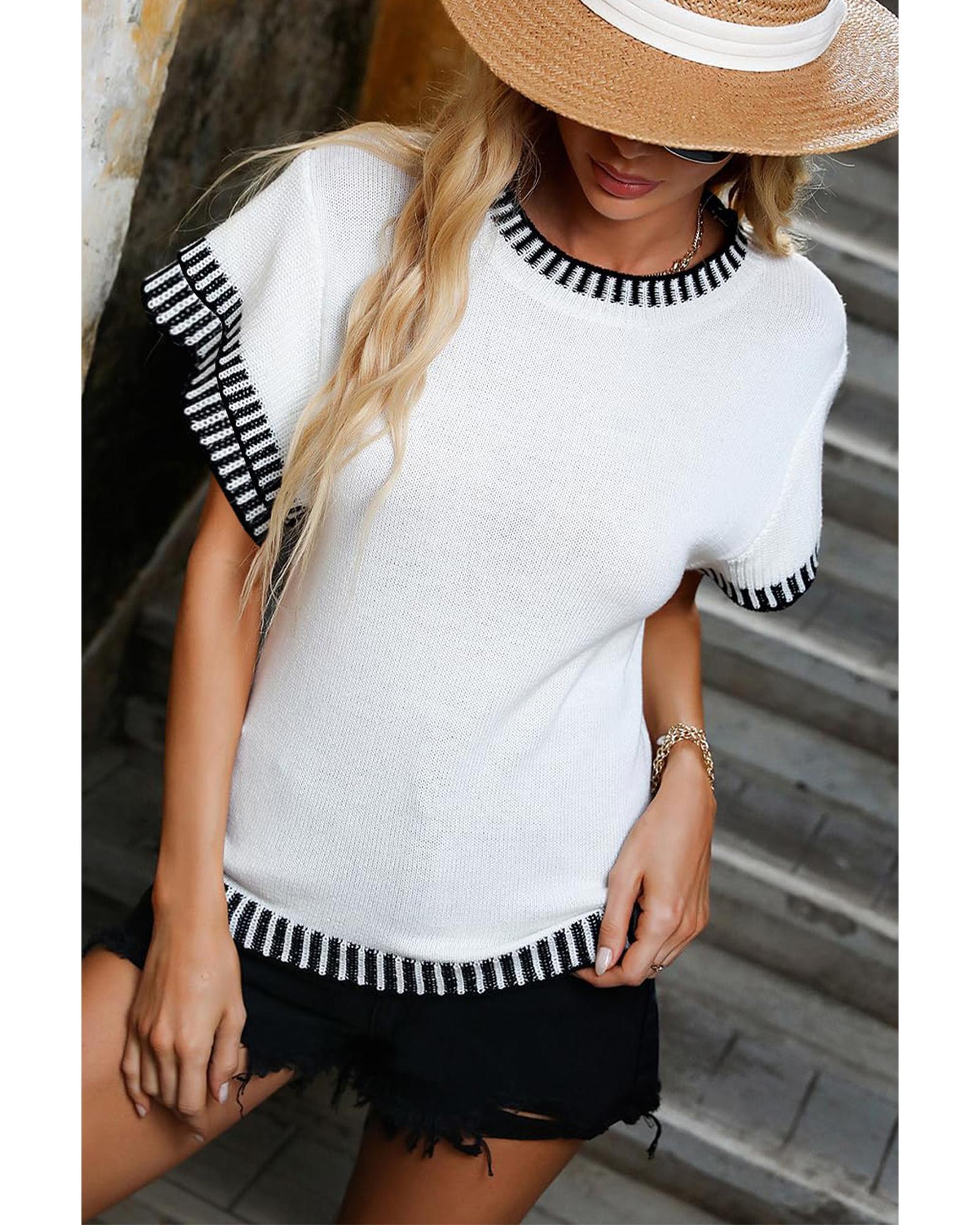 V539-AZEXDC277172-P1-L-202508291700-00 White Contrast Trim Round Neck Batwing Sleeve Knitted Top - L - Image 1