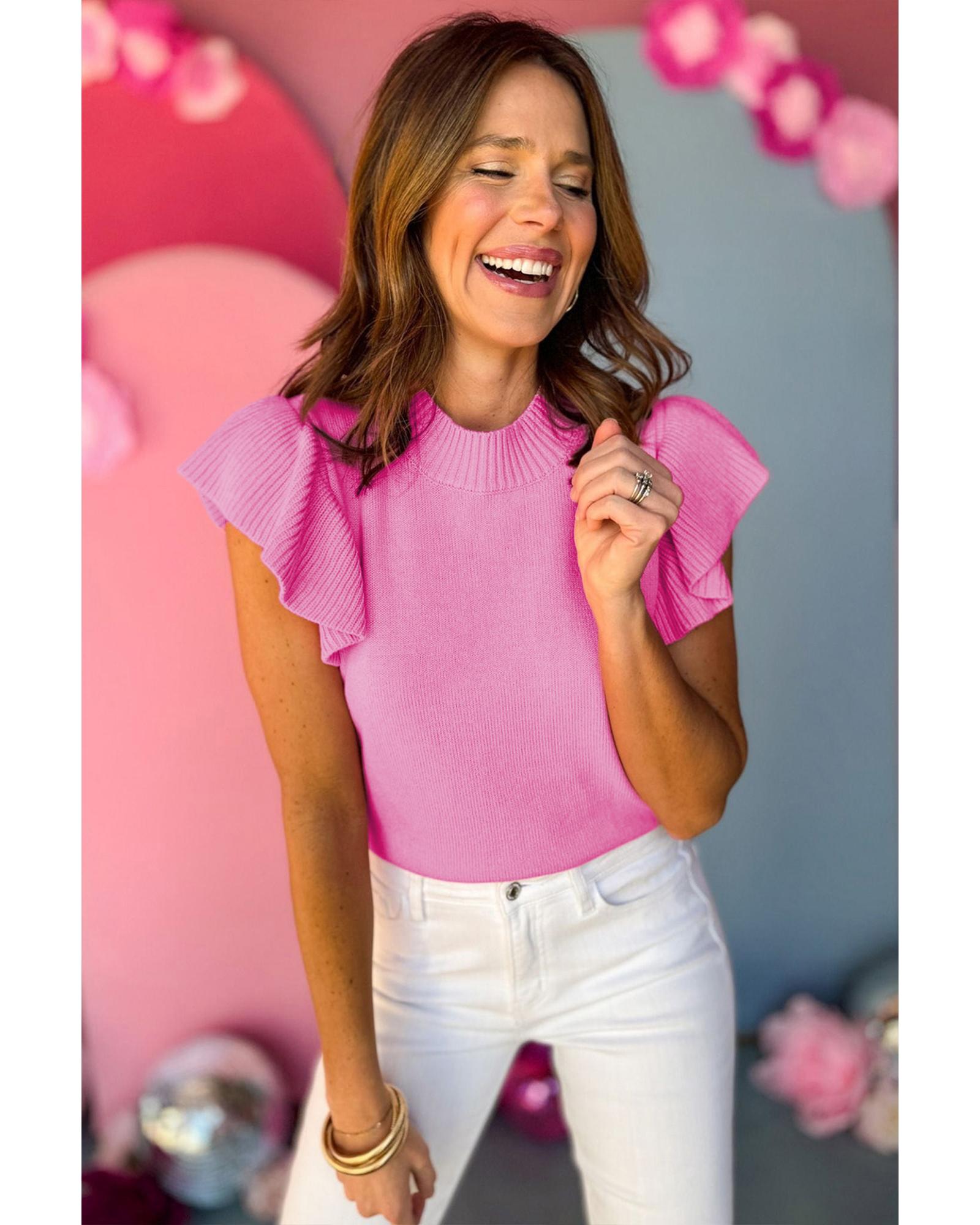 V539-AZEXDC277218-P3010-L-202506191820-00 Bonbon Ribbed Mock Neck Ruffled Short Sleeve Sweater - L - Image 1