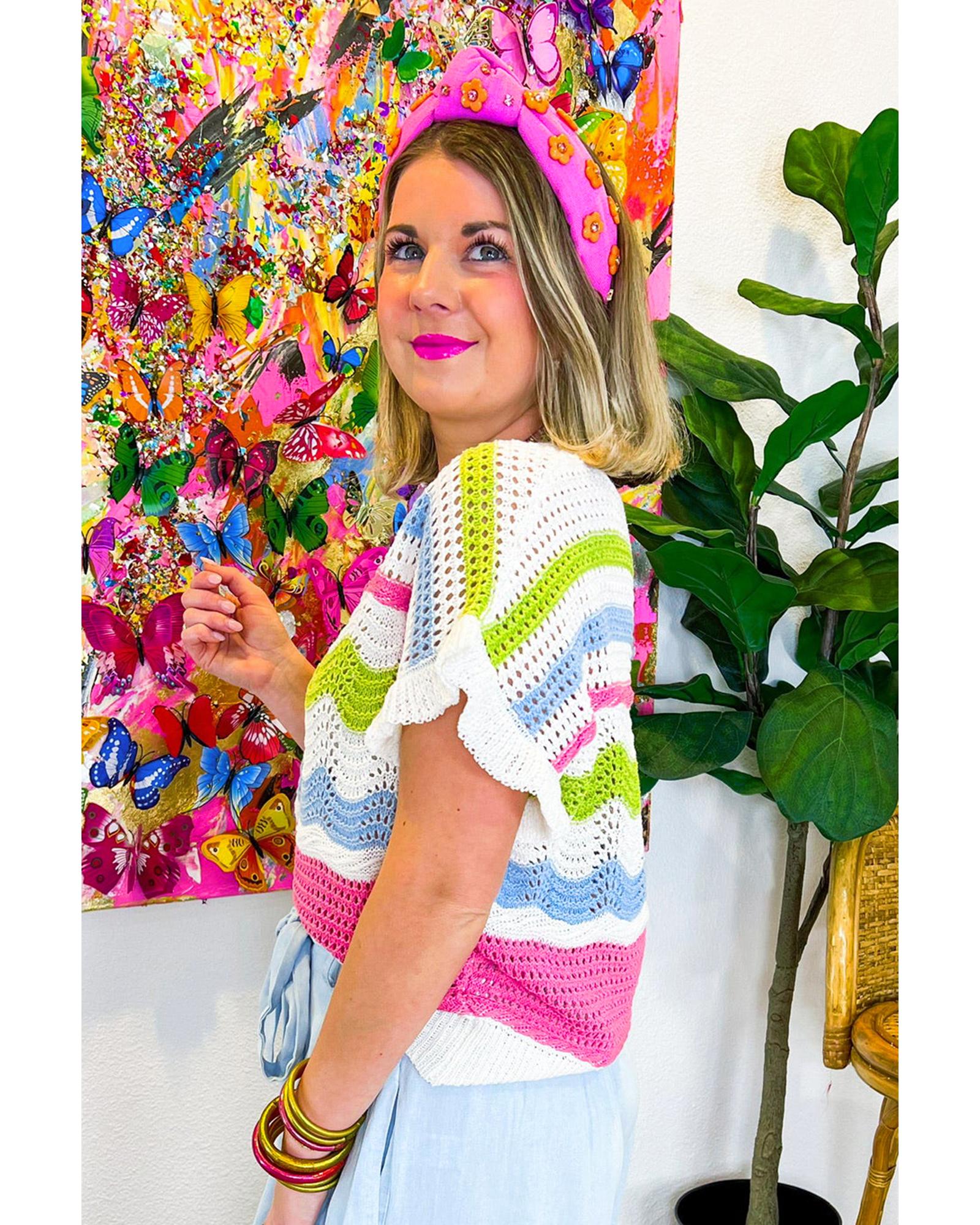 V539-AZEXDC277258-P1-L-202508300420-00 White Colorblock Crochet Knit Ruffled Short Sleeve Sweater Top - L - Image 1