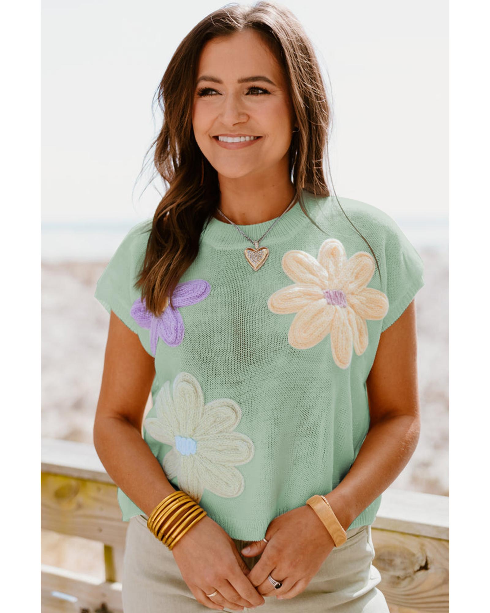 V539-AZEXDC277279-P2209-XL-202506140911-00 Moonlight Jade Multi Crochet Flower Knit Short Sleeve Sweater Top - XL - Image 1