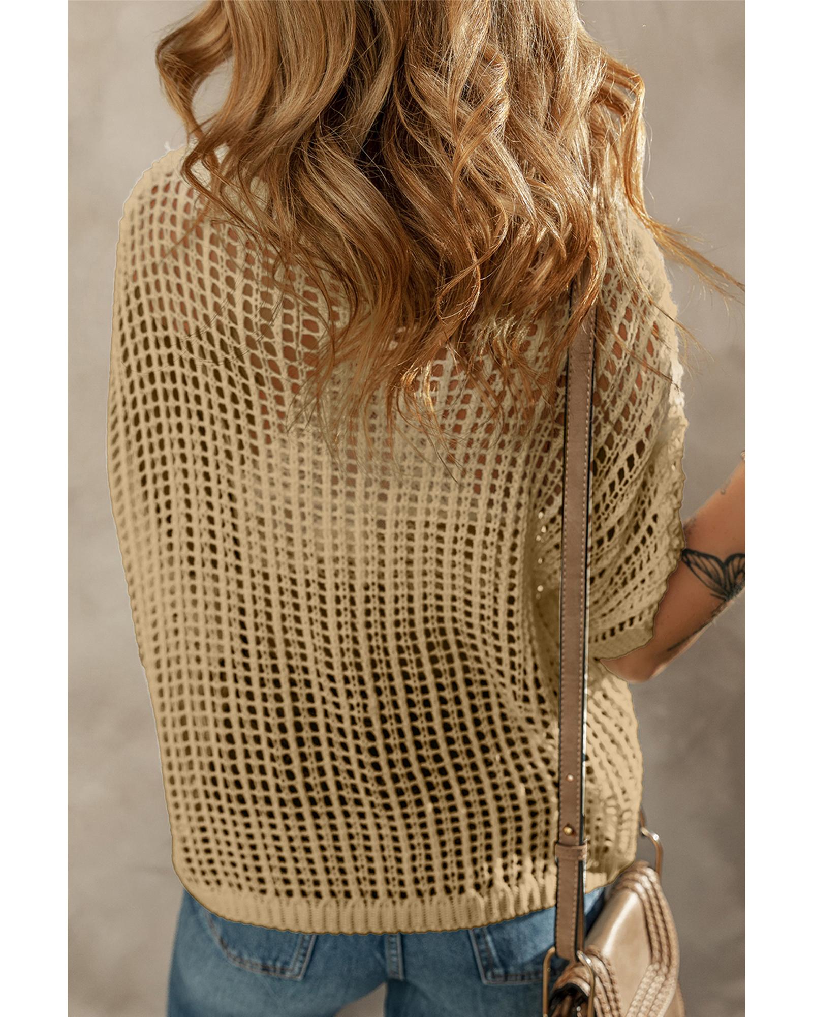 V539-AZEXDC277301-P4016-XL-202508291830-00 Light French Beige Crochet Flower Hollow-out Sweater T Shirt - XL - Image 1