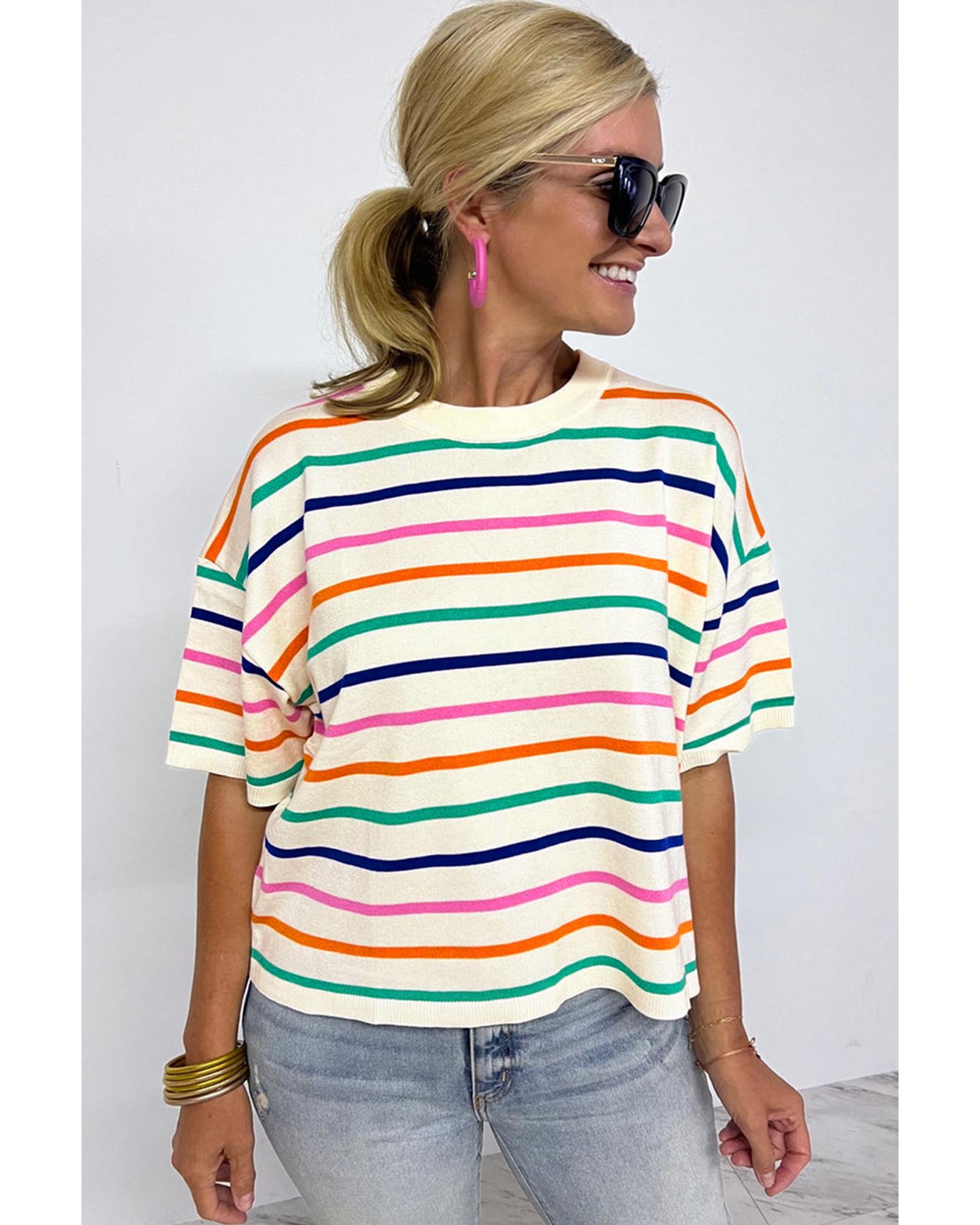 V539-AZEXDC277315-P1519-L-202508292235-00 Beige Stripe Dropped Short Sleeve Boxy Fit Knitted Top - L - Image 1