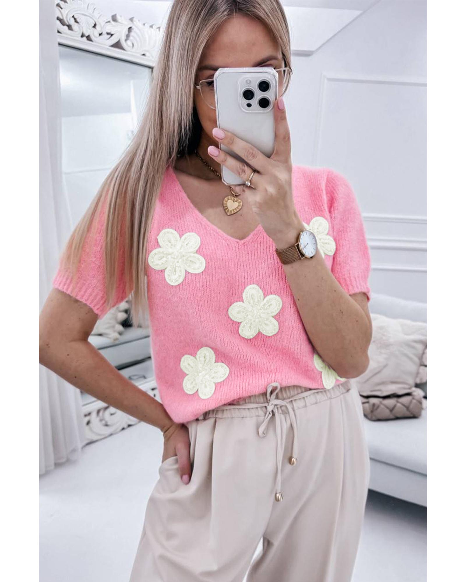 V539-AZEXDC277321-P10-S-202506140931-00 Pink Flower Crochet V Neck Short Sleeve Sweater - S - Image 1