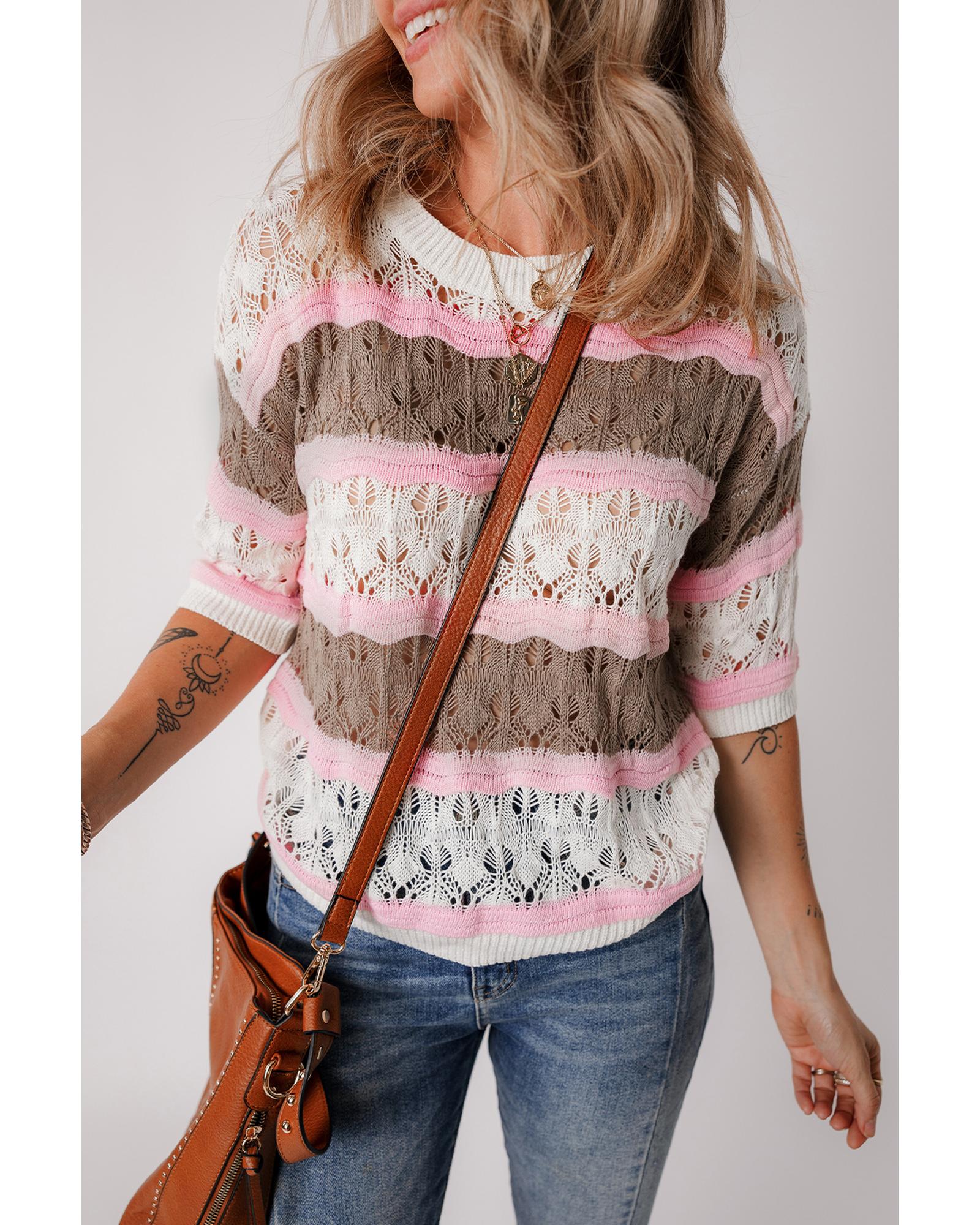 V539-AZEXDC277343-P1719-S-202506140935-00 Brown Stripe Color Block Hollow Out Crochet Half Sleeve Sweater - S - Image 1