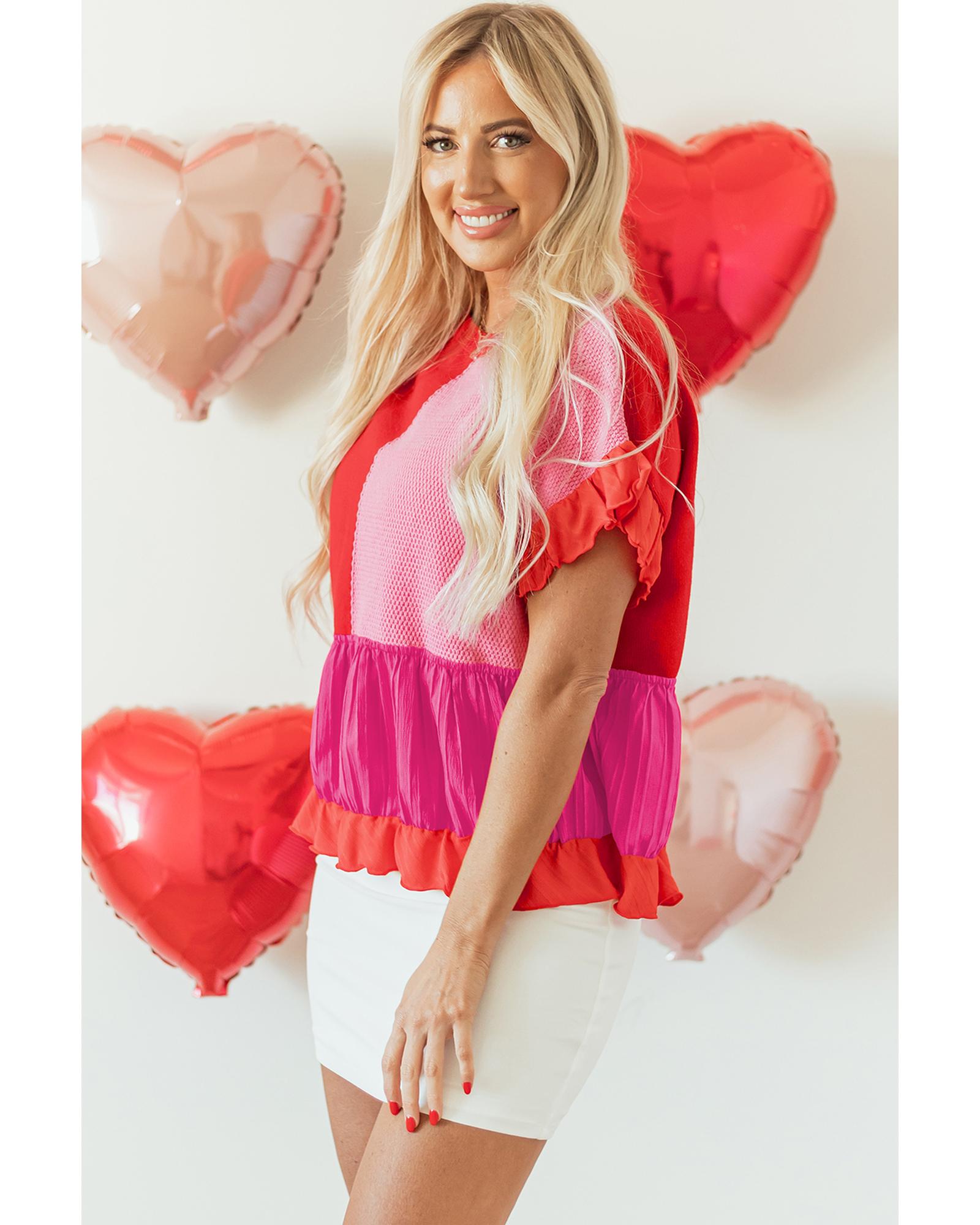 V539-AZEXDC277381-P103-L-202508291955-00 Tomato Red Mix Knitted Patchwork Ruffle Trim Loose Sweater - L - Image 1