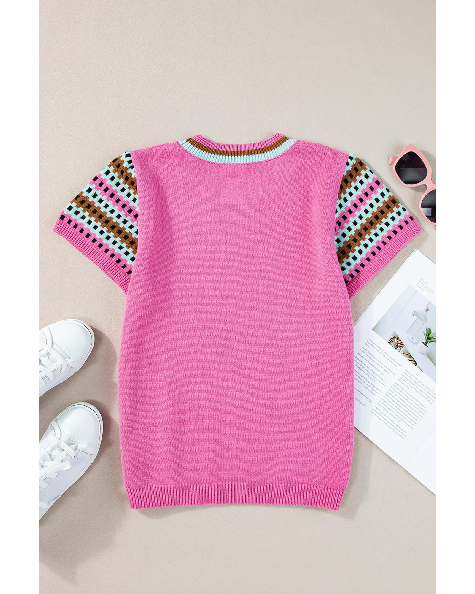 V539-AZEXDC277392-P106-S-202506141006-00 Bright Pink Contrast Printed Cap Sleeves Crewneck Sweater - S - Image 1