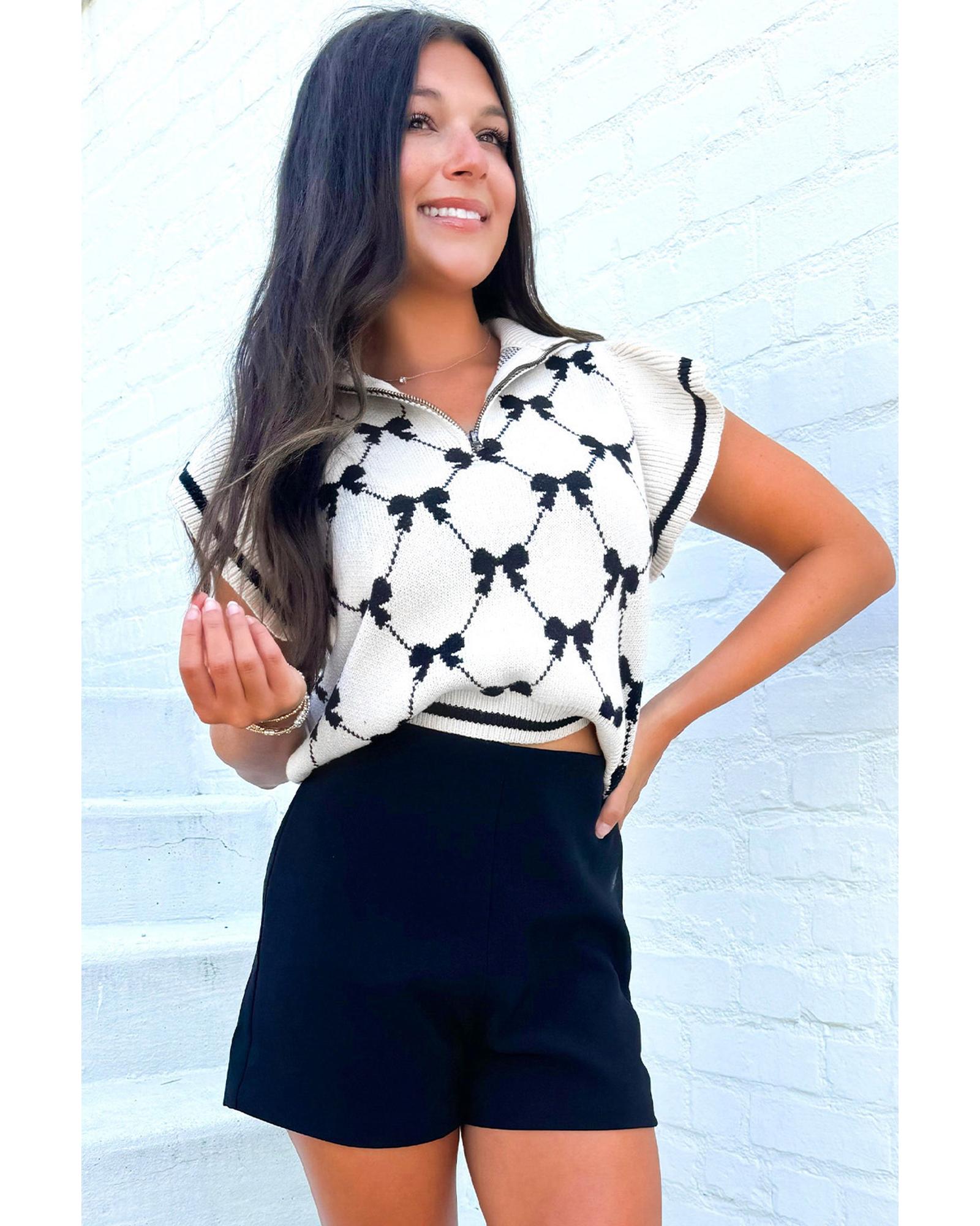 V539-AZEXDC277528-P10222-S-202506140642-00 Black Preppy Vibes Bow Print Zipped Collar Sweater Tee - S - Image 1