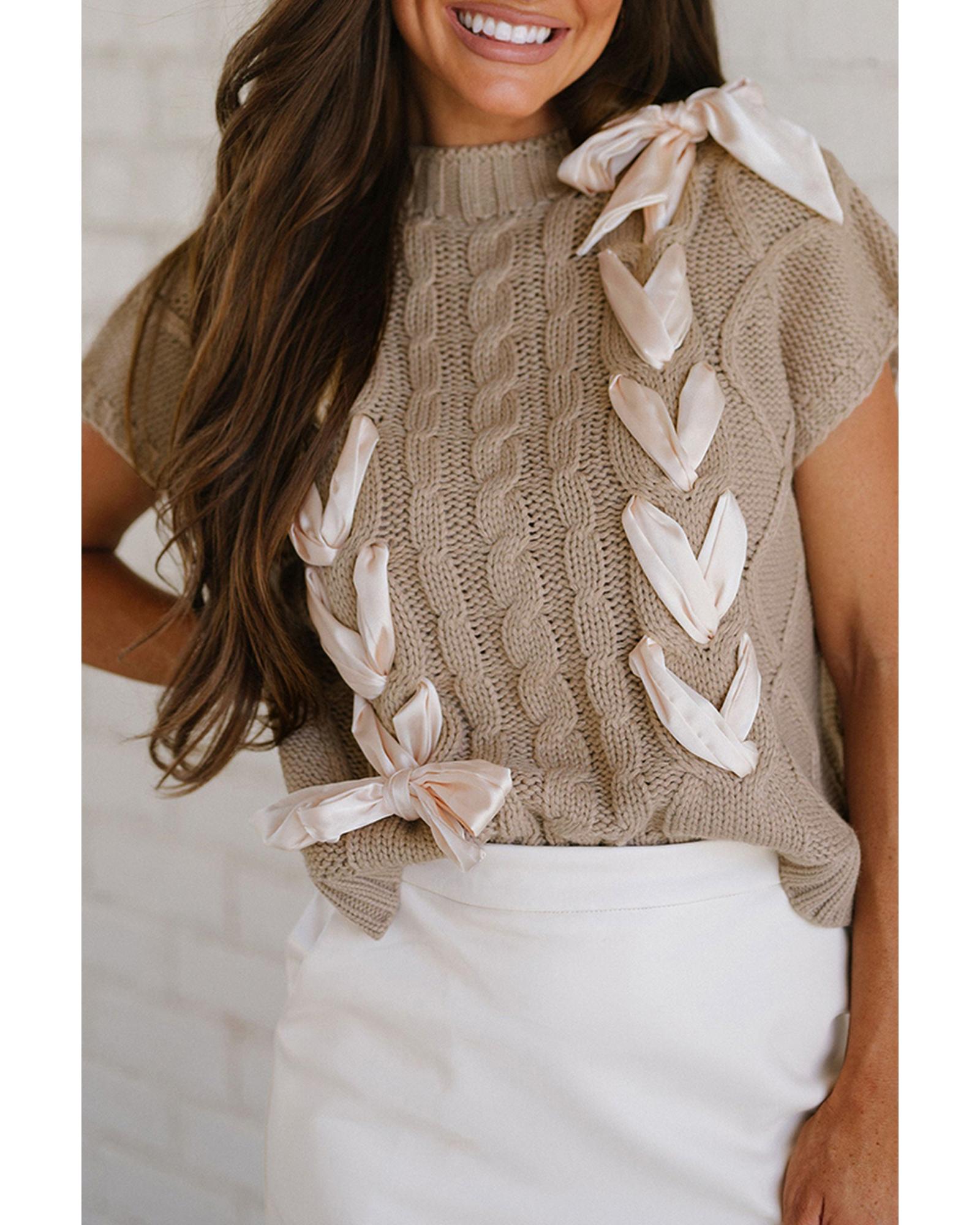 V539-AZEXDC277536-P6017-M-202508280755-00 Simply Taupe Cable Knit Colorblock Satin Bowknot Short Sleeve Sweater - M - Image 1
