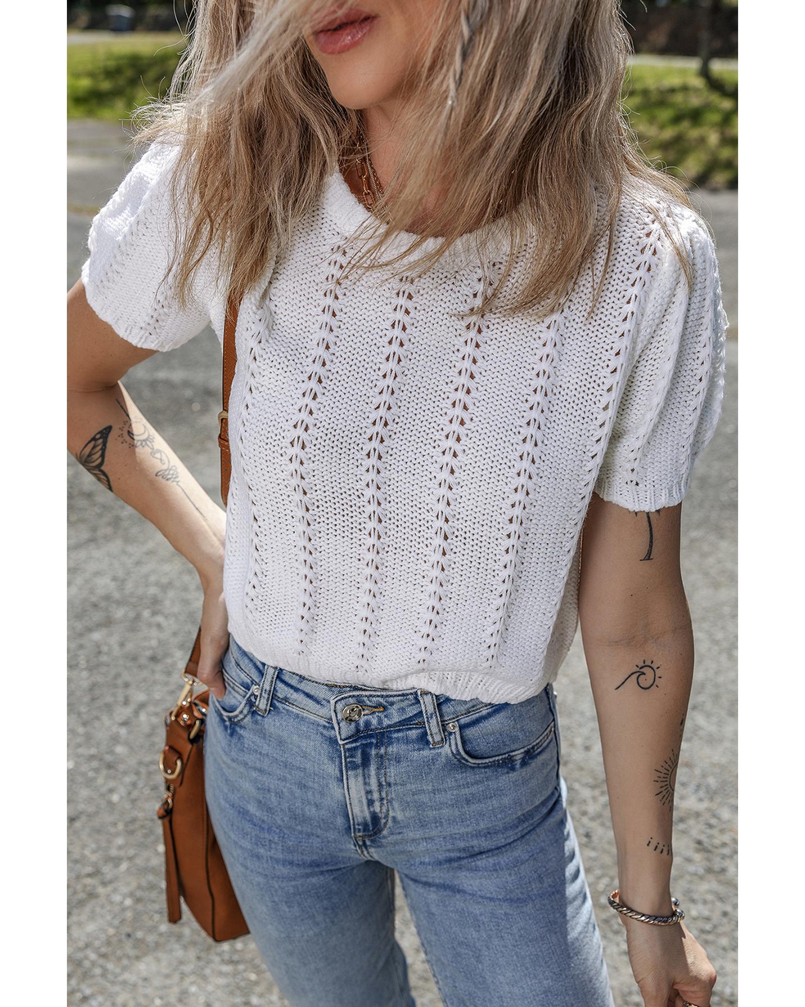 V539-AZEXDC277540-P1-XL-202508282125-00 White Pointelle Knit Short Puff Sleeve Crewneck Sweater - XL - Image 1