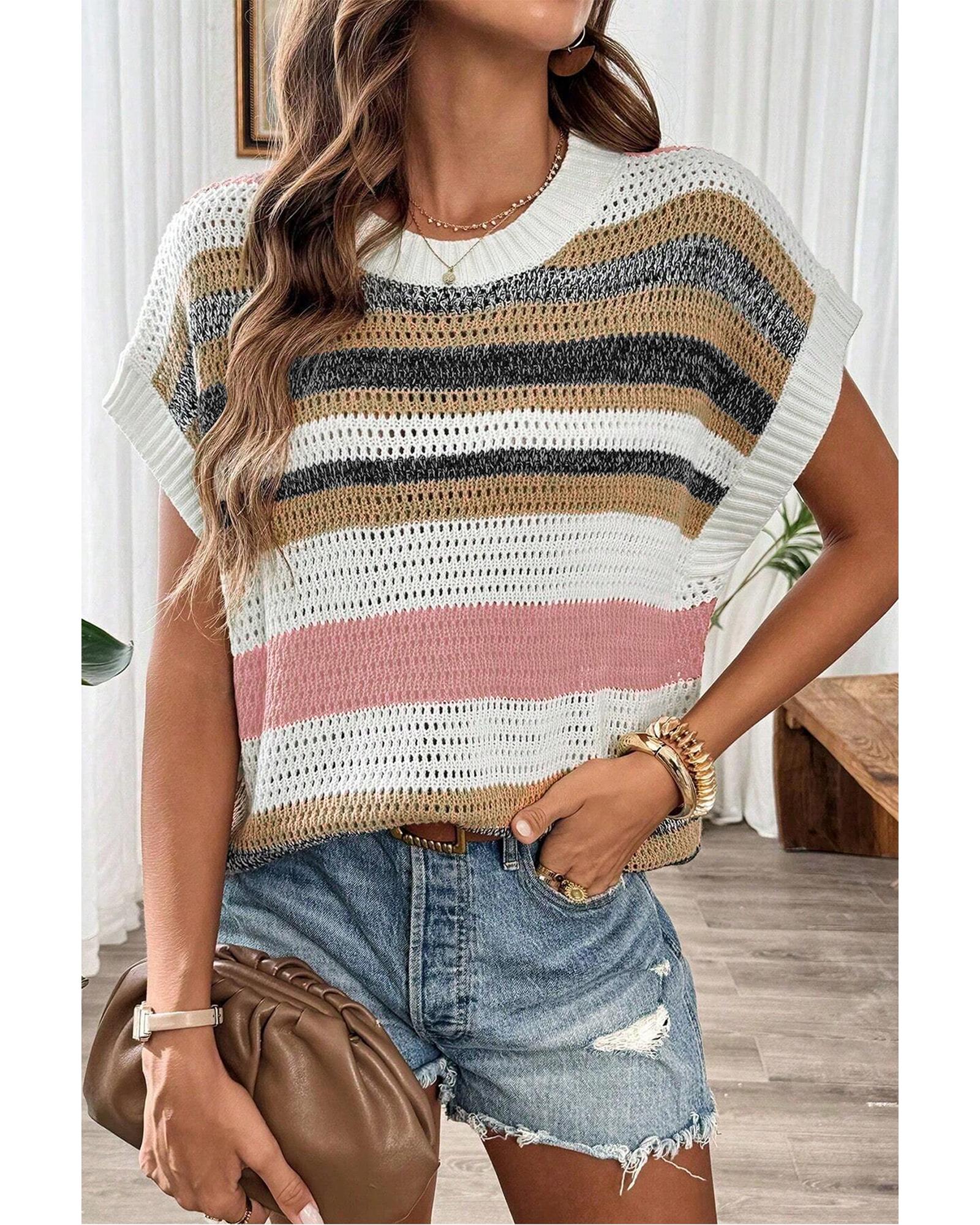 V539-AZEXDC277555-P1019-XL-202508290135-00 Pink Stripe Color Block Eyelet Knit Short Sleeve Sweater Tee - XL - Image 1