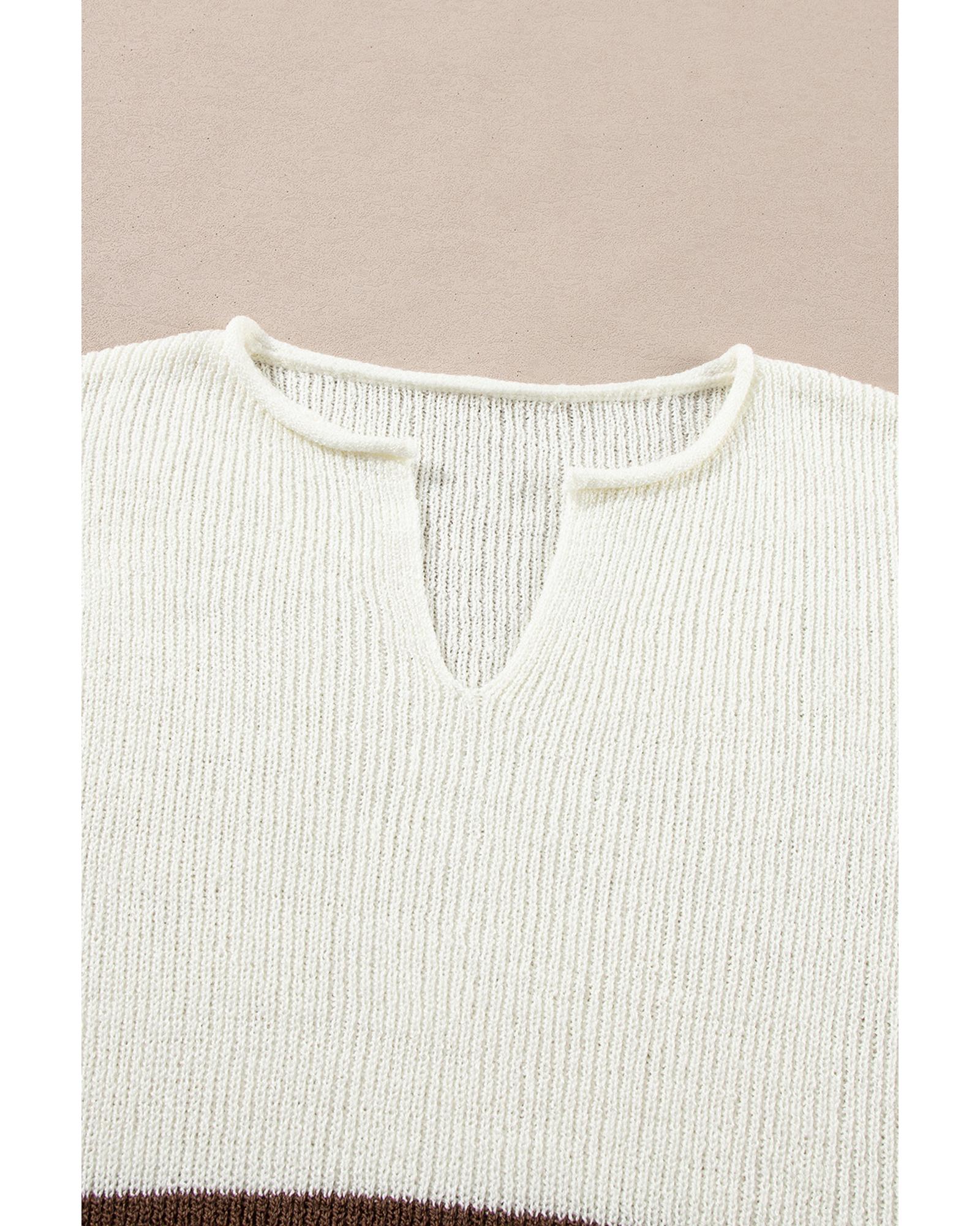 V539-AZEXDC277559-P1719-M-202508291355-00 Brown Striped Accent Notched V Neck Cropped Sweater T Shirt - M - Image 1