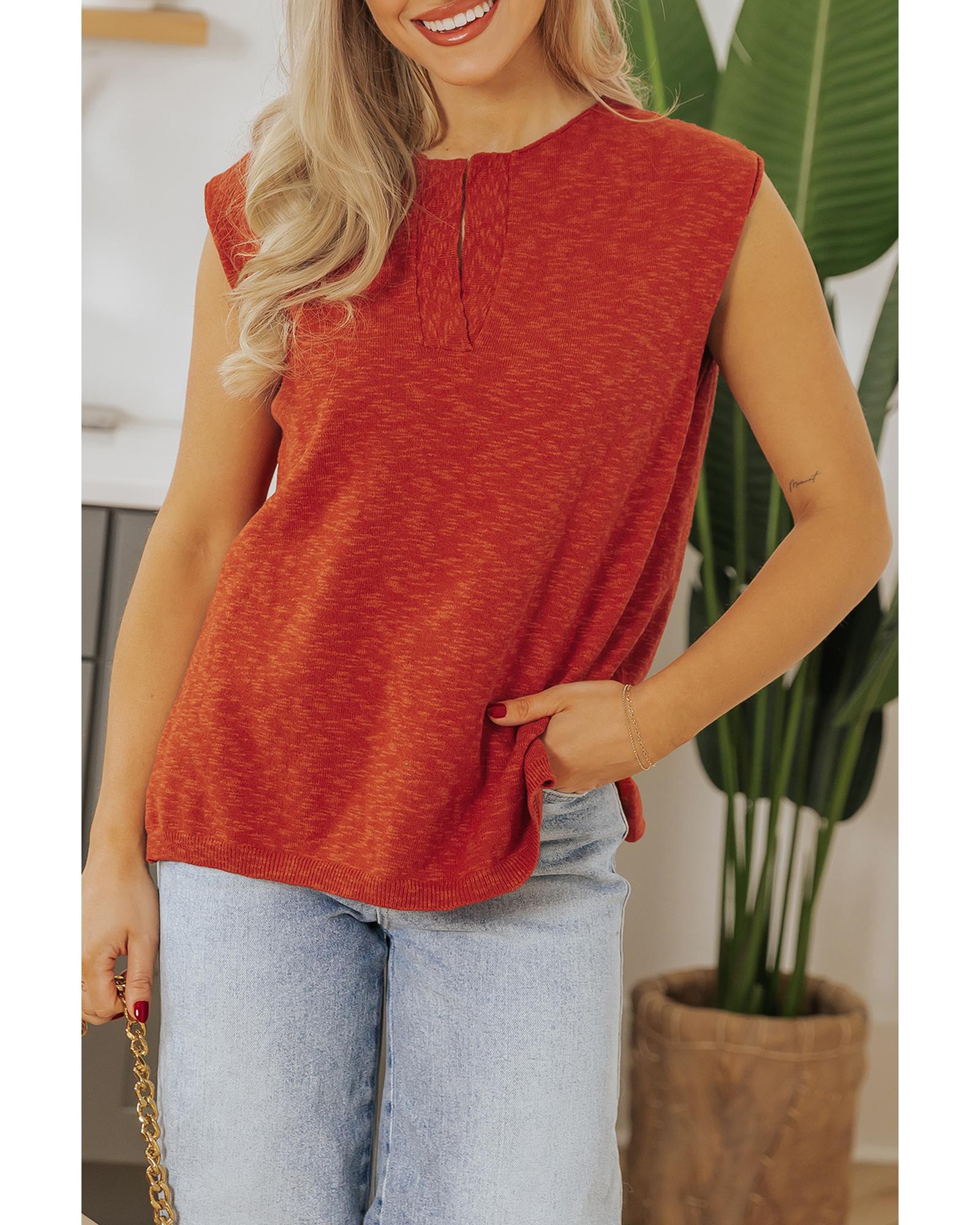 V539-AZEXDC277562-P14-XL-202508292255-00 Orange Solid Color Split V Neck Short Sleeve Sweater - XL - Image 1