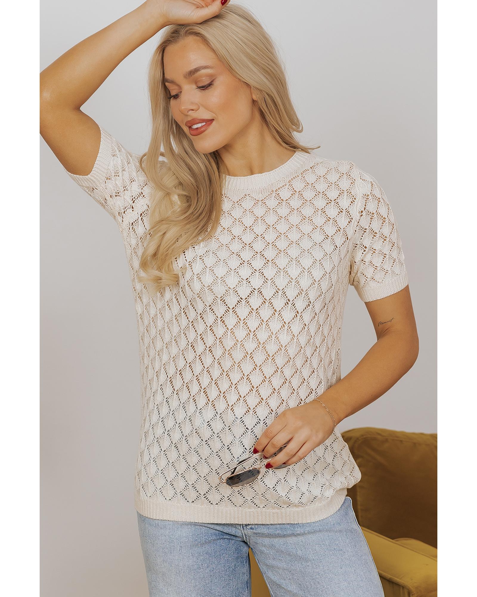 V539-AZEXDC277567-P15-S-202506140725-00 Beige Hollow Out Crochet O Neck Short Sleeve Sweater Tee - S - Image 1