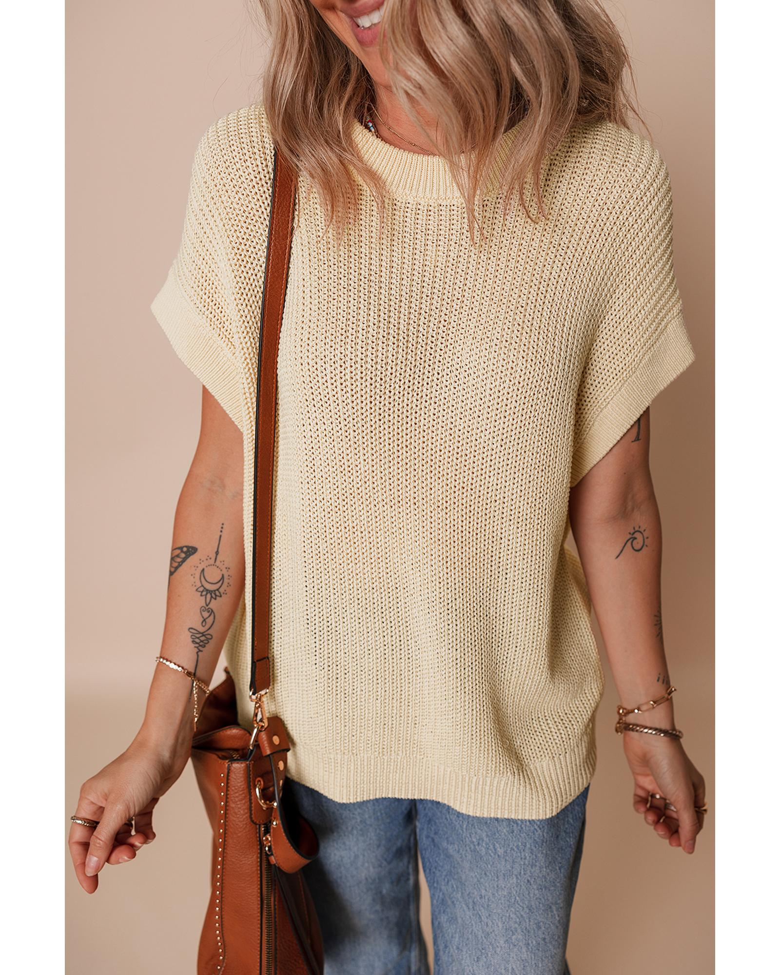V539-AZEXDC277667-P1015-M-202508281125-00 Oatmeal Solid Color Batwing Short Sleeve Round Neck Knit T Shirt - M - Image 1
