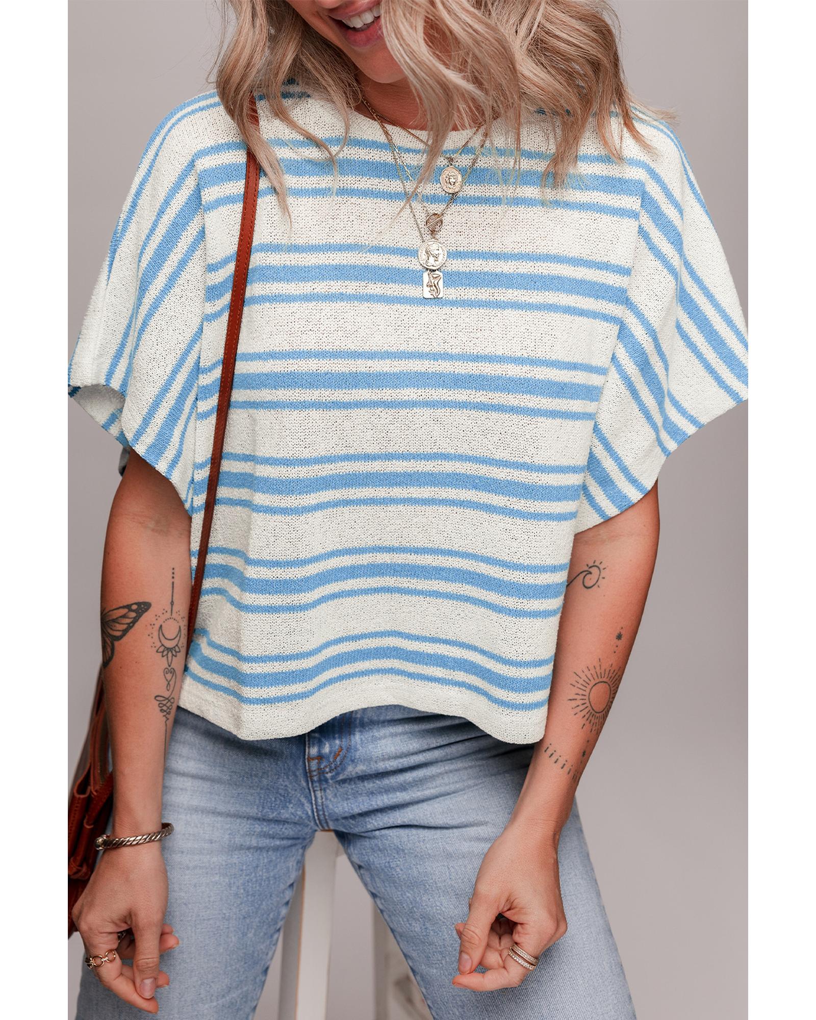 V539-AZEXDC277694-P419-L-202508291325-00 Sky Blue Stripe Boxy Fit Wide Sleeve Sweater T Shirt - L - Image 1