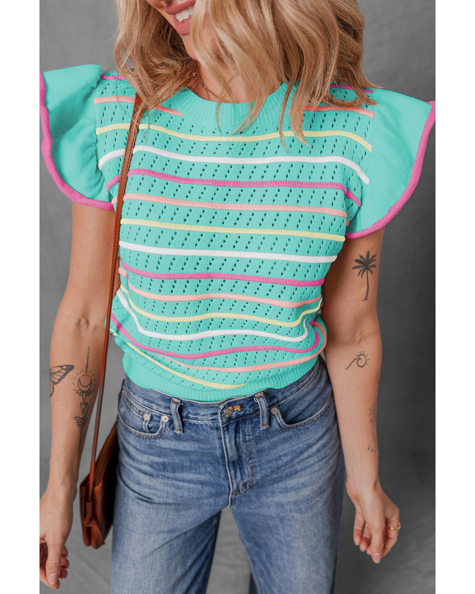 V539-AZEXDC277710-P922-XL-202508280755-00 Green Colorful Striped Eyelet Knit Ruffled Sleeve Sweater T Shirt - XL - Image 1