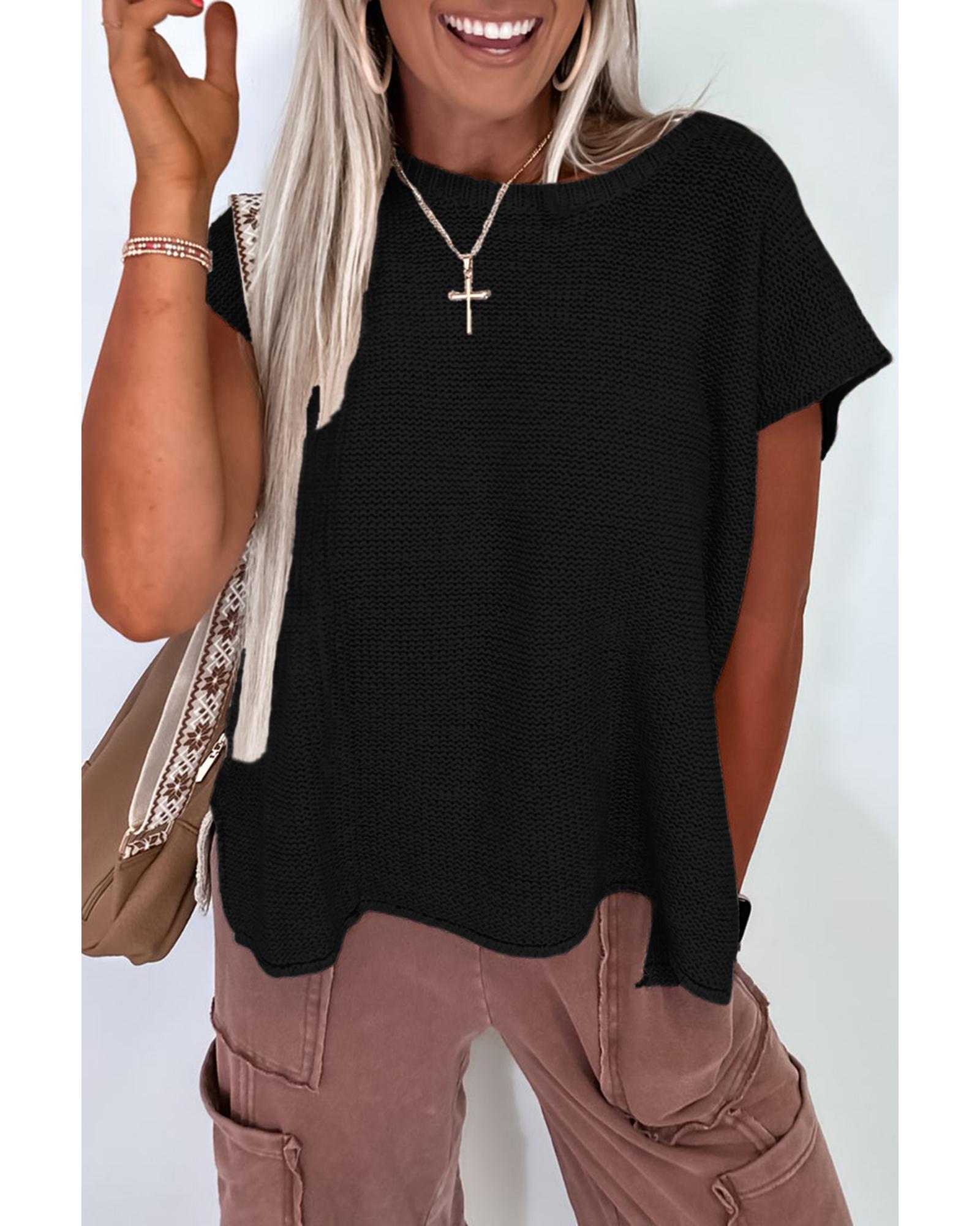 V539-AZEXDC277740-P2-XL-202508290030-00 Black Solid Color Sweater Tee with Side Slits - XL - Image 1