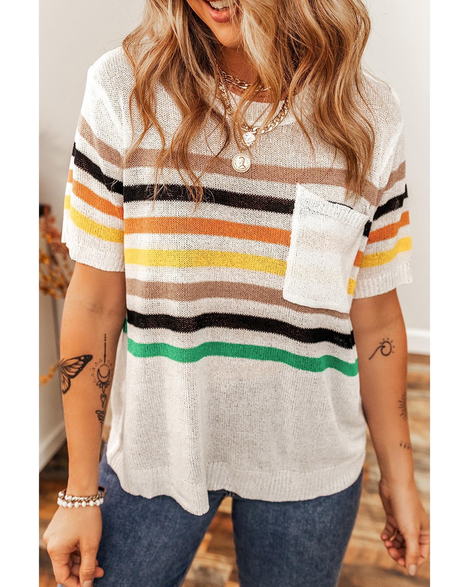 V539-AZEXDC277800-P1-M-202508281100-00 White Striped Pocketed Loose Fit Crewneck Knitted T Shirt - M - Image 1