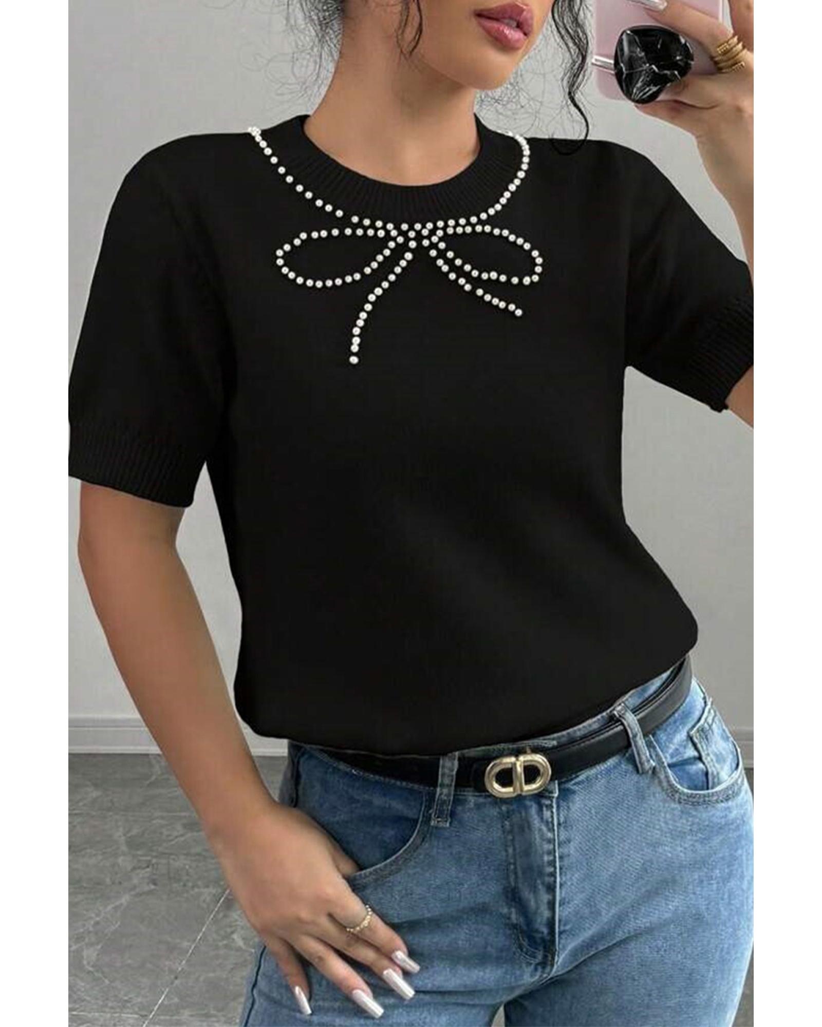 V539-AZEXDC277851-P2-L-202508292315-00 Black Pearl Bow Necklace Embellished Short Sleeve Knitted T Shirt - L - Image 1