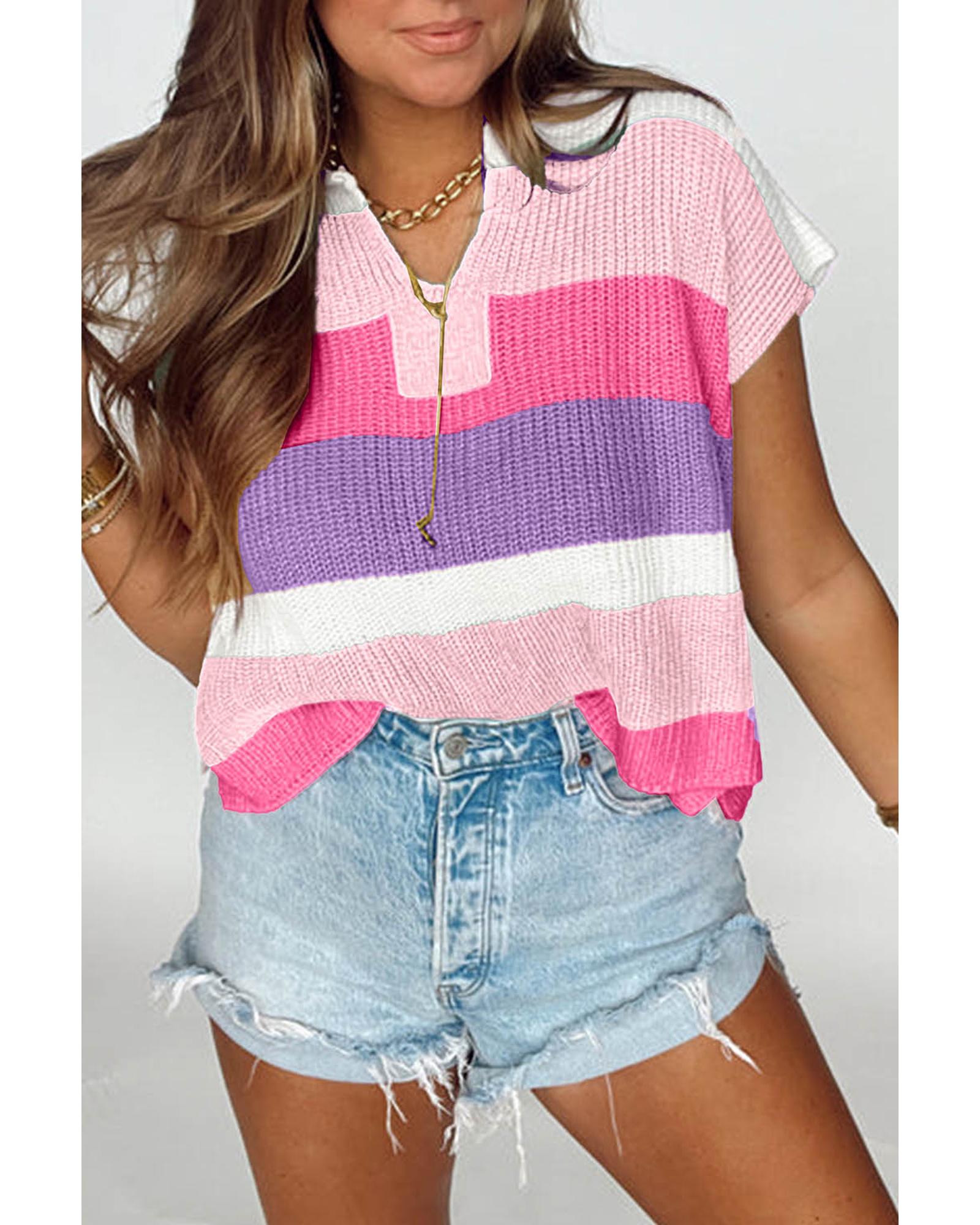 V539-AZEXDC277874-P1022-L-202506140853-00 Pink Color Block Notch V Neck Sweater T Shirt - L - Image 1